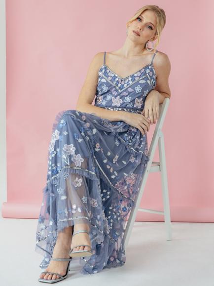 Maya Deluxe Floral Embroidered Midaxi Dress, Dusty Blue/Multi - view 2, Dusty Blue/Multi
