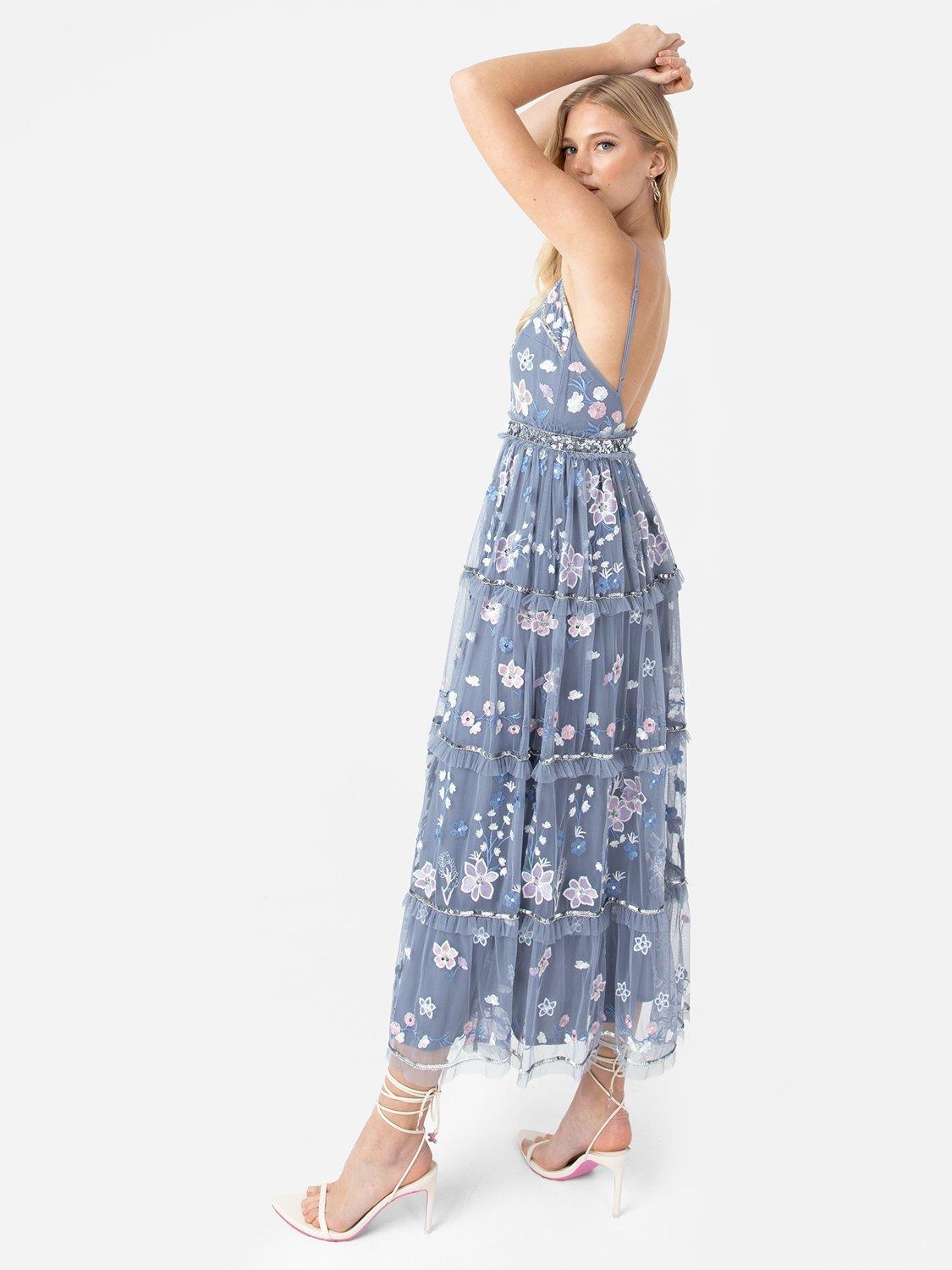 Product image 3 of 6, which shows Maya Deluxe Floral Embroidered Midaxi Dress, Dusty Blue/Multi, 6