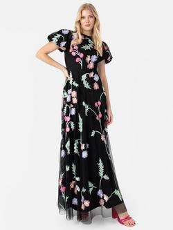 Maya Deluxe Floral Embroidered Maxi Dress, Black/Multi, Black/Multi