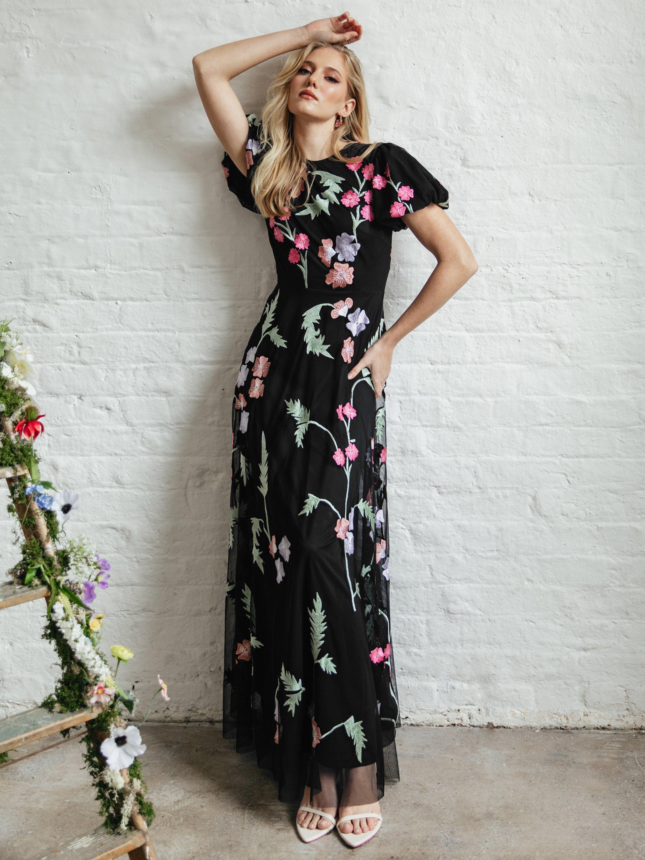 Product image 3 of 7, which shows Maya Deluxe Floral Embroidered Maxi Dress, Black/Multi, 6