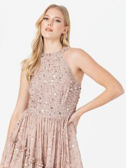 Maya Deluxe Embellished Halterneck Maxi Dress, Taupe Blush - view 2, Taupe Blush