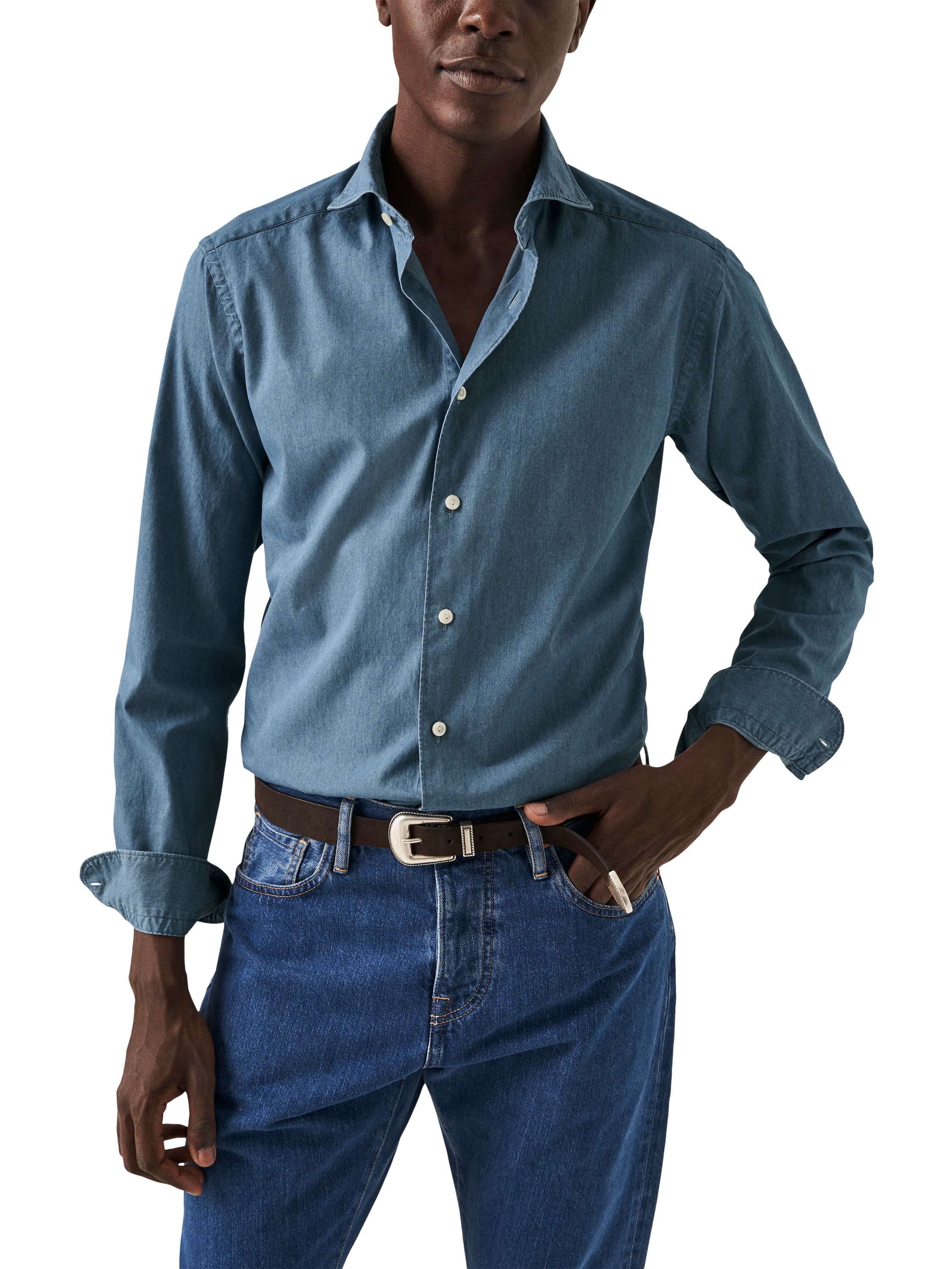 Product image 1 of 11, which shows Eton Cotton Slim Fit Denim Shirt, Blue, 14.5