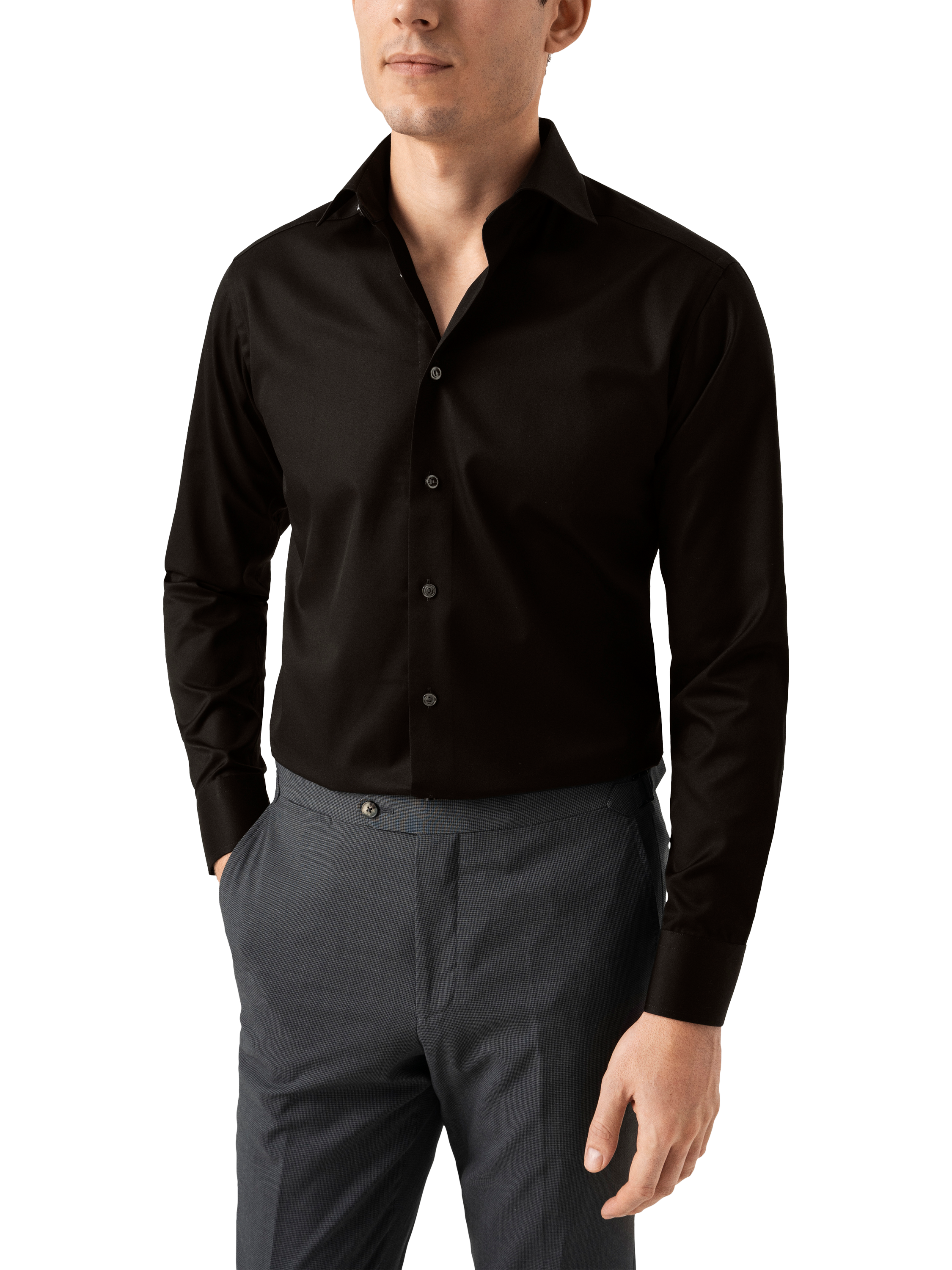 Product image 1 of 8, which shows Eton Cotton Twill Slim Fit Cutaway Collar Shirt, Black, 15