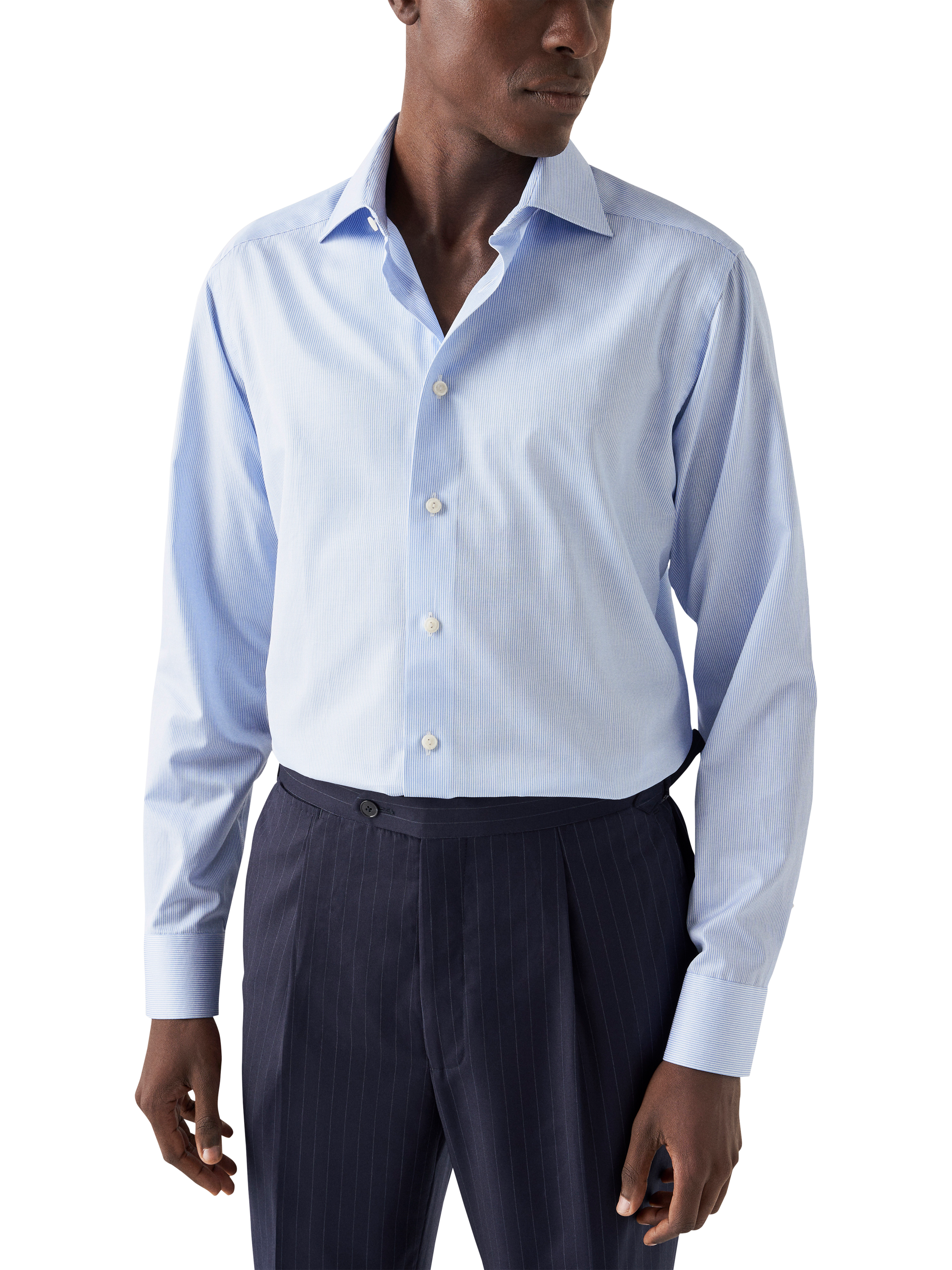 Product image 1 of 8, which shows Eton Cotton Twill Slim Fit Stripe Shirt, Light Blue, 14.5