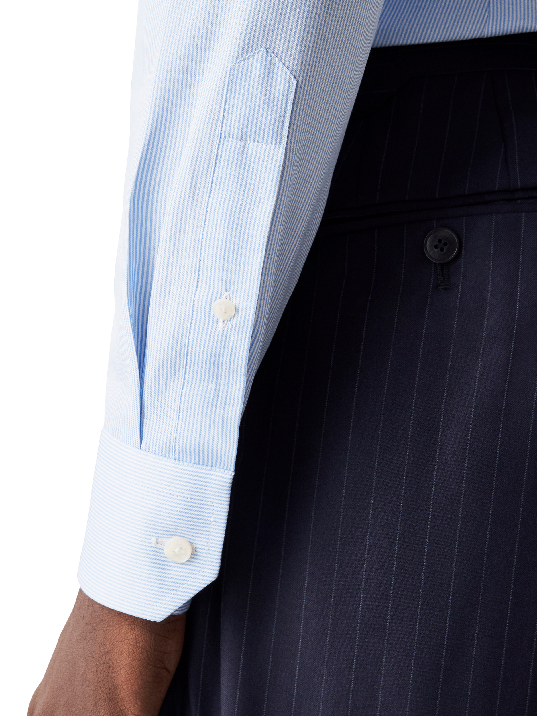 Product image 4 of 8, which shows Eton Cotton Twill Slim Fit Stripe Shirt, Light Blue, 14.5