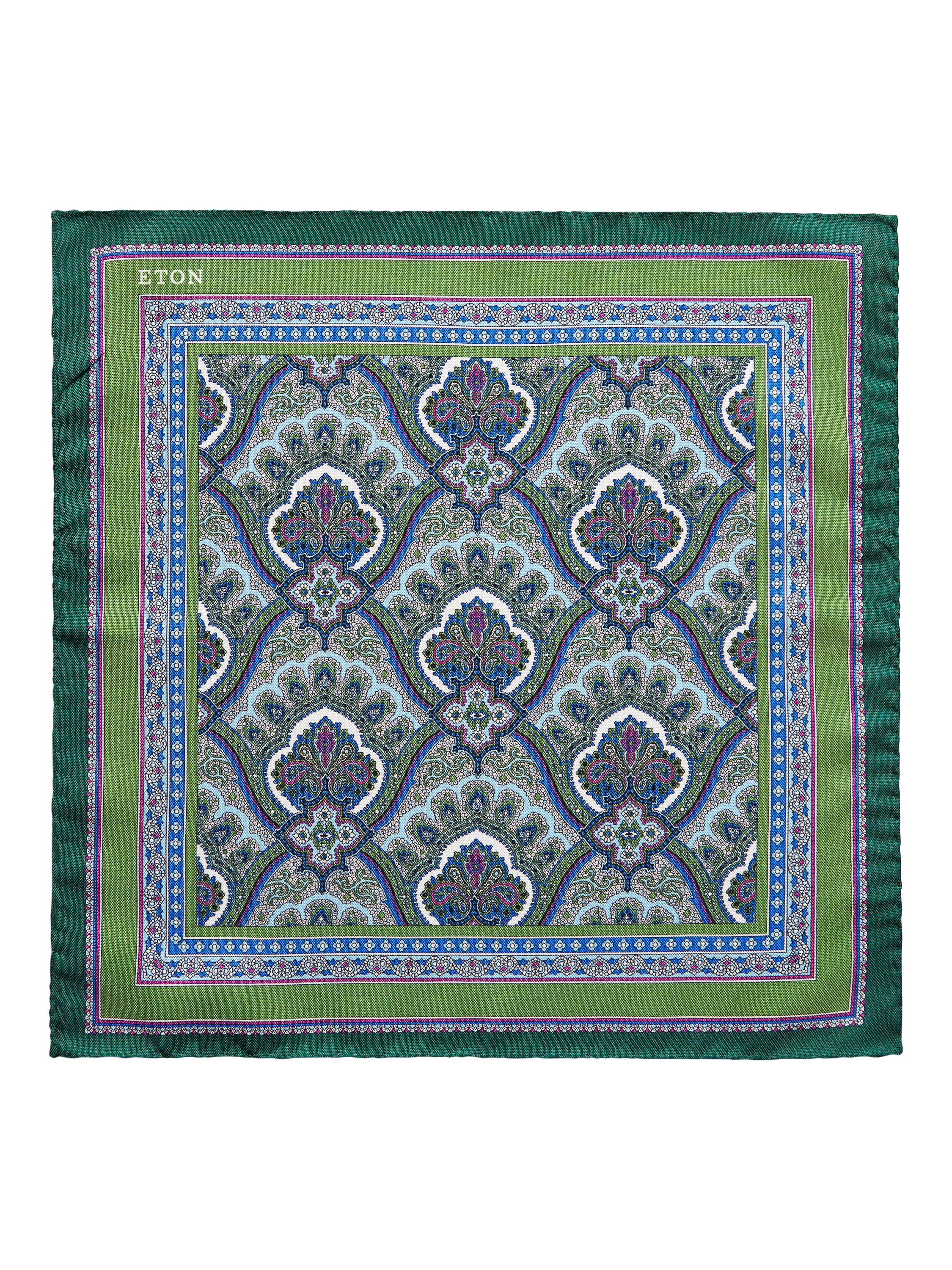 Product image 1 of 2, which shows Eton Silk Paisley Pocket Square, Green