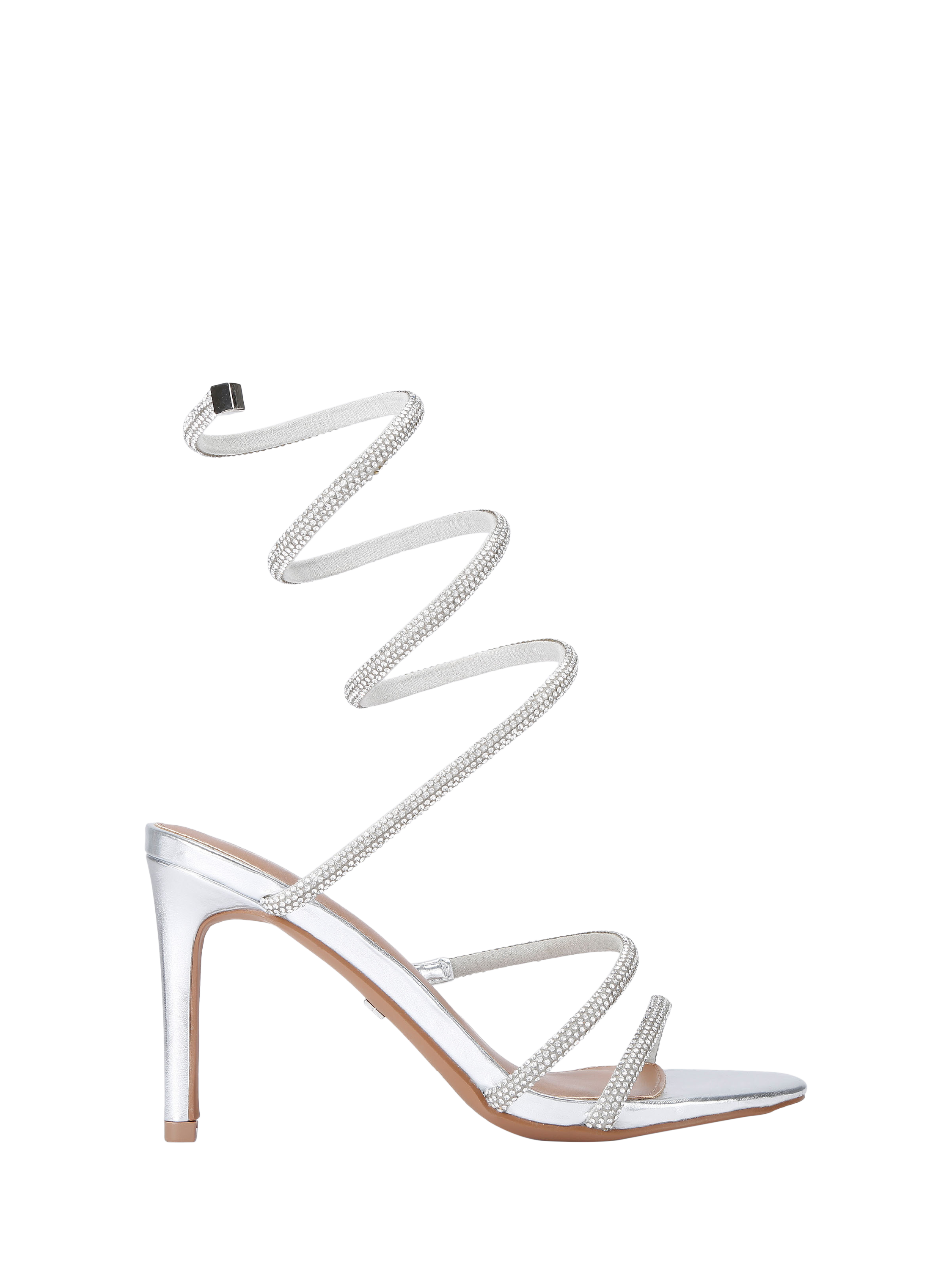 Product image 1 of 5, which shows KG Kurt Geiger Athena Embellished Metallic Spiral Heeled Sandals, Silver, 3
