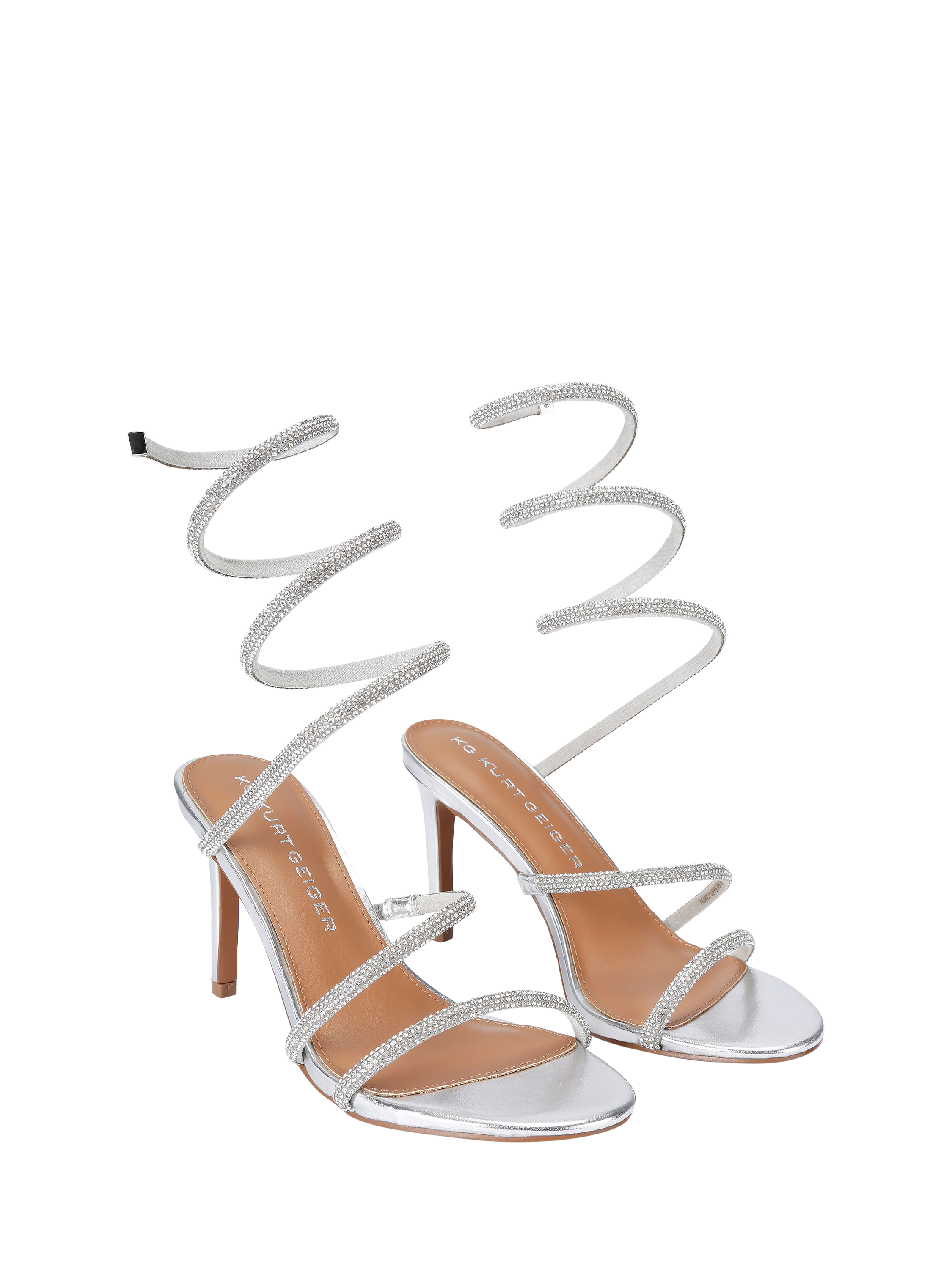 Product image 3 of 5, which shows KG Kurt Geiger Athena Embellished Metallic Spiral Heeled Sandals, Silver, 3