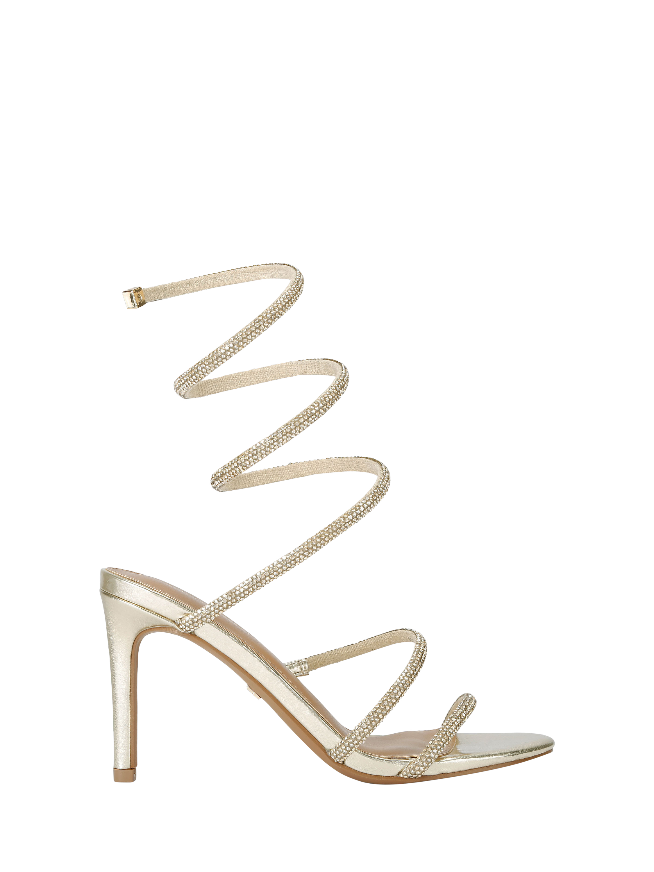 Product image 1 of 4, which shows KG Kurt Geiger Athena Embellished Metallic Spiral Heeled Sandals, Gold, 4