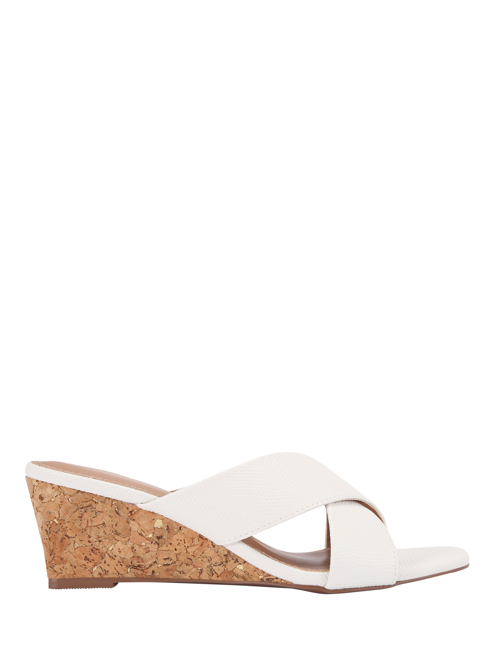 Product image 1 of 4, which shows KG Kurt Geiger Avril Crossover Strap Wedge Heeled Mules, Natural Putty, 3