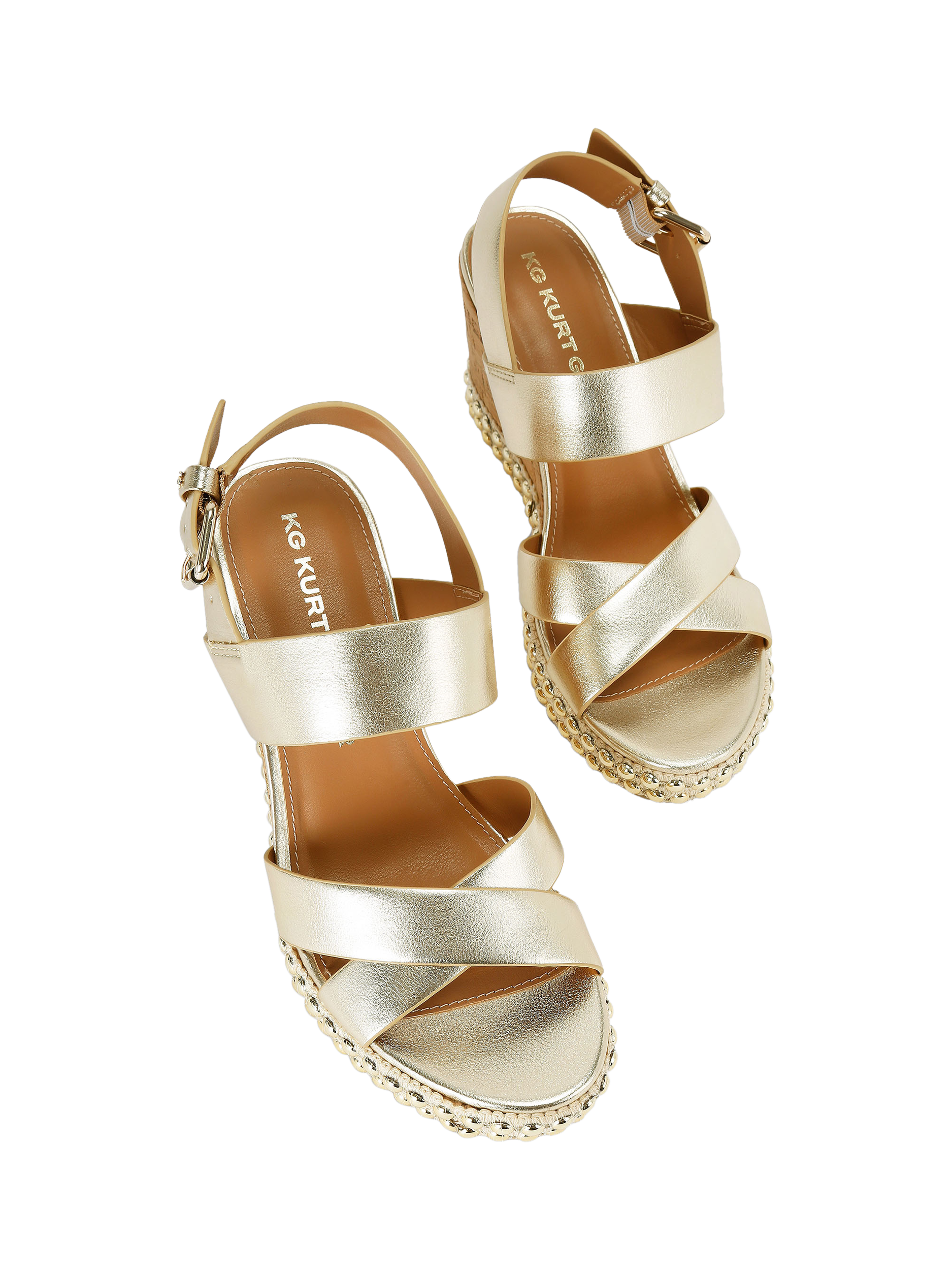 Product image 3 of 5, which shows KG Kurt Geiger Pearl Embellished Wedge Heel Espadrille Sandals, Gold, 3