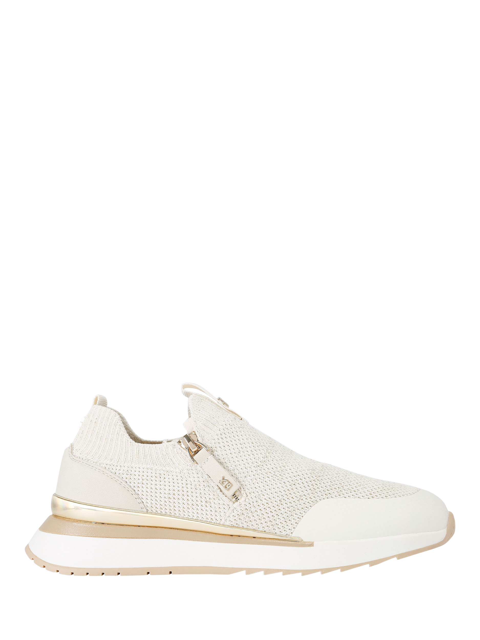 Product image 1 of 4, which shows KG Kurt Geiger List Knit Trainers, Gold, 3
