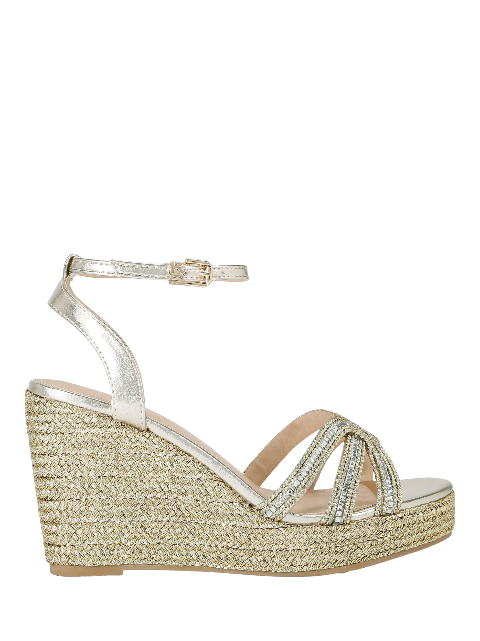 Product image 1 of 5, which shows KG Kurt Geiger Regard Wedge Heel Embellished Espadrille Sandals, Gold, 3