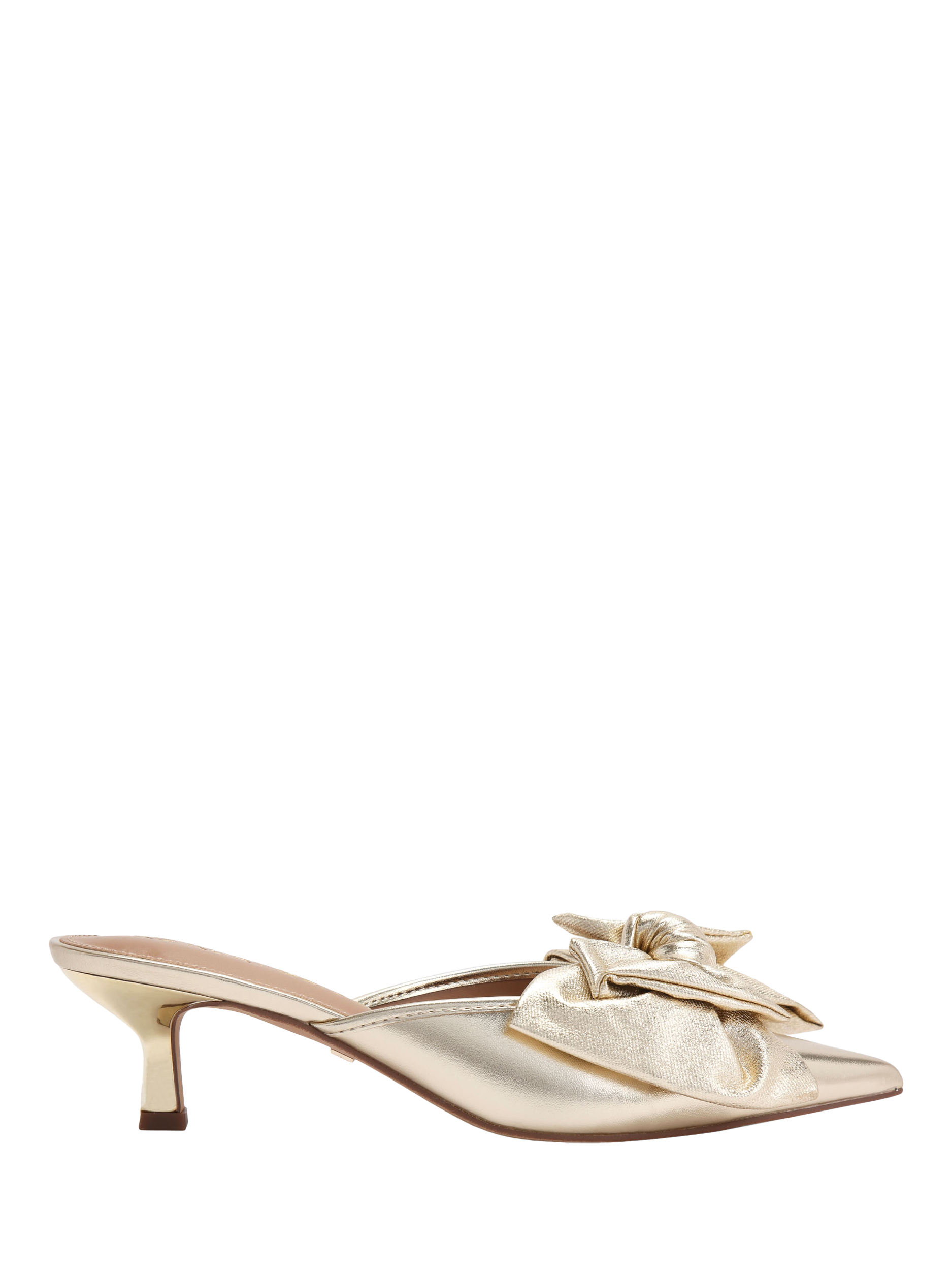 Product image 1 of 4, which shows KG Kurt Geiger Sophia Bow Pointed Heeled Mules, Gold, 3