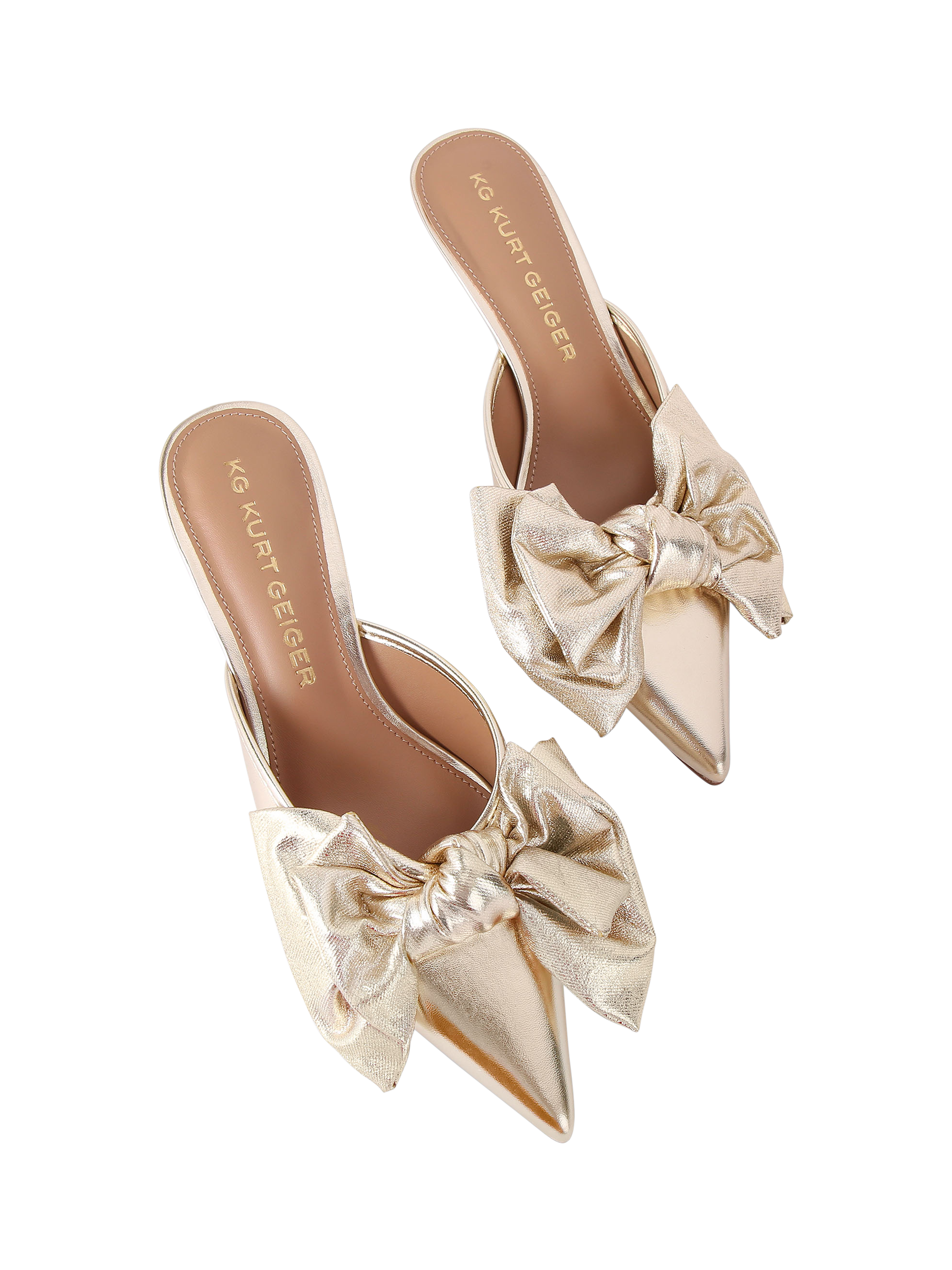 Product image 3 of 4, which shows KG Kurt Geiger Sophia Bow Pointed Heeled Mules, Gold, 3