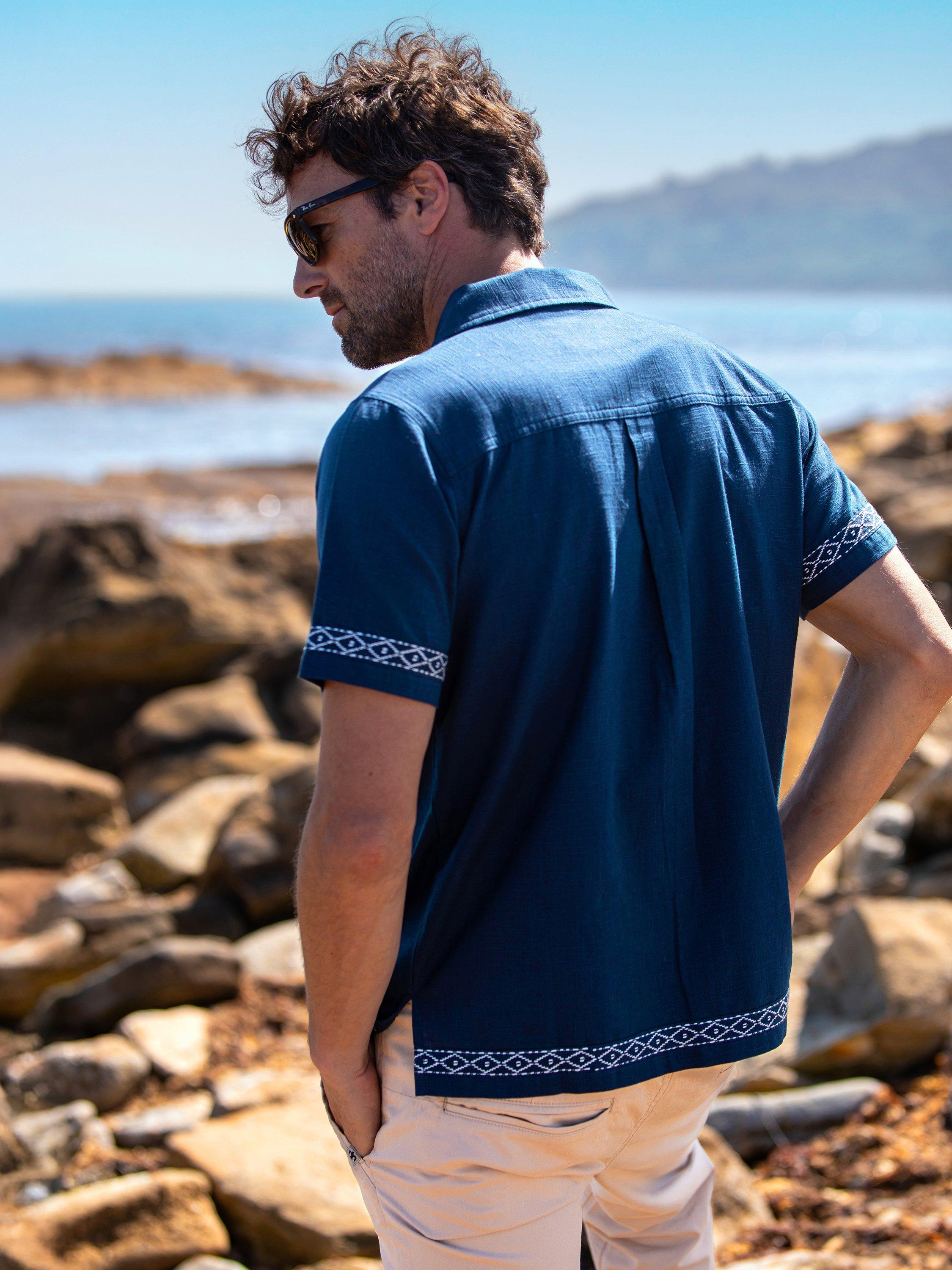Product image 4 of 7, which shows Brakeburn Cotton Regular Fit Embroidered Edge Shirt, Navy, S