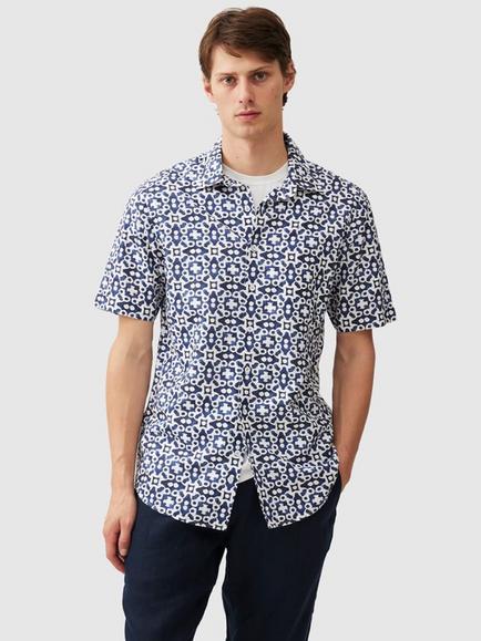 Rodd & Gunn Palliser Bay Geo Print Linen Blend Regular Fit Short Sleeve Shirt, Indigo