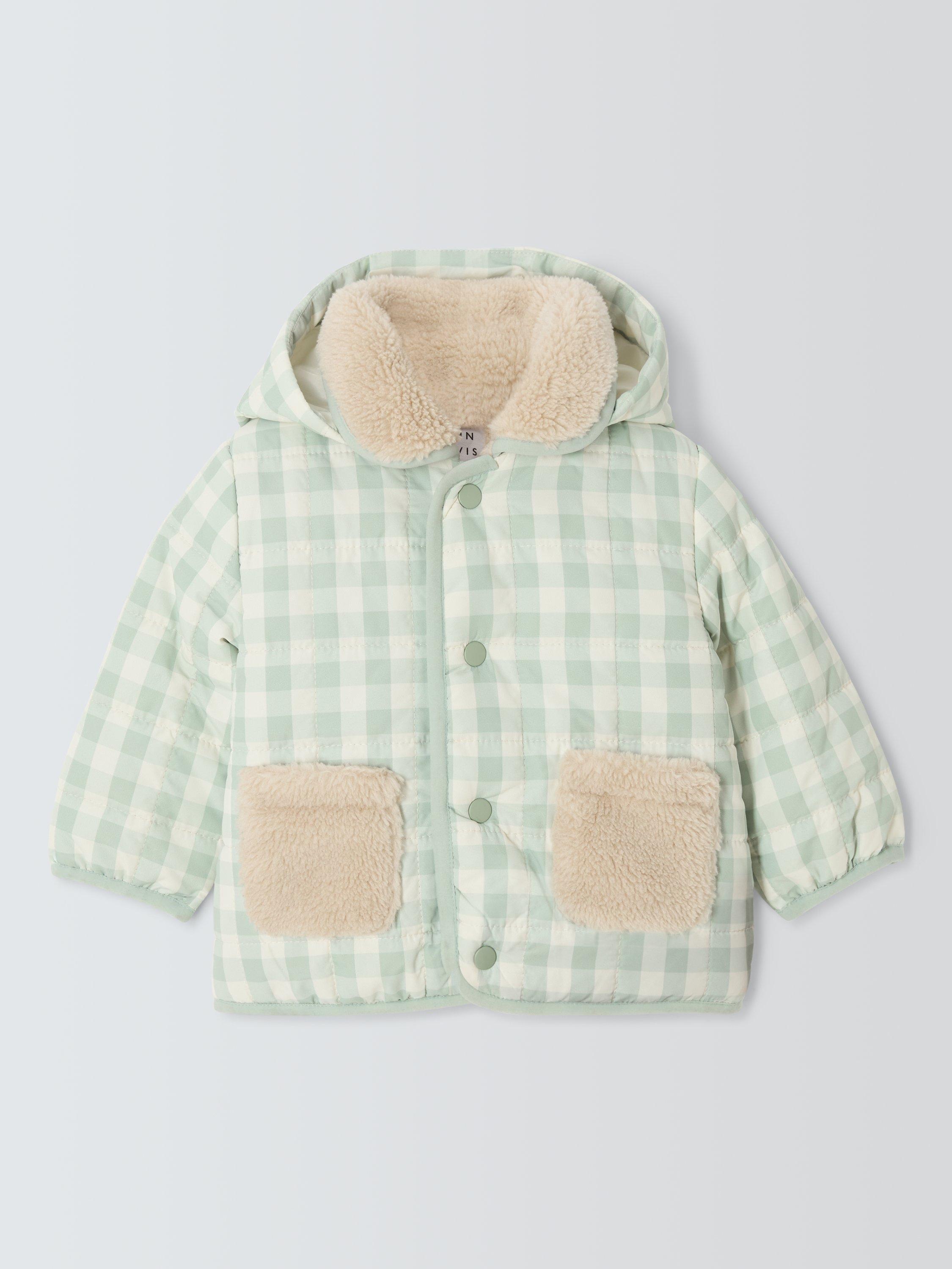 Product image 1 of 3, which shows John Lewis Baby Gingham Borg Collar Jacket, Green, 3-6 months