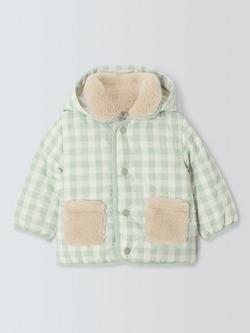 John Lewis Baby Gingham Borg Collar Jacket, Green, Green