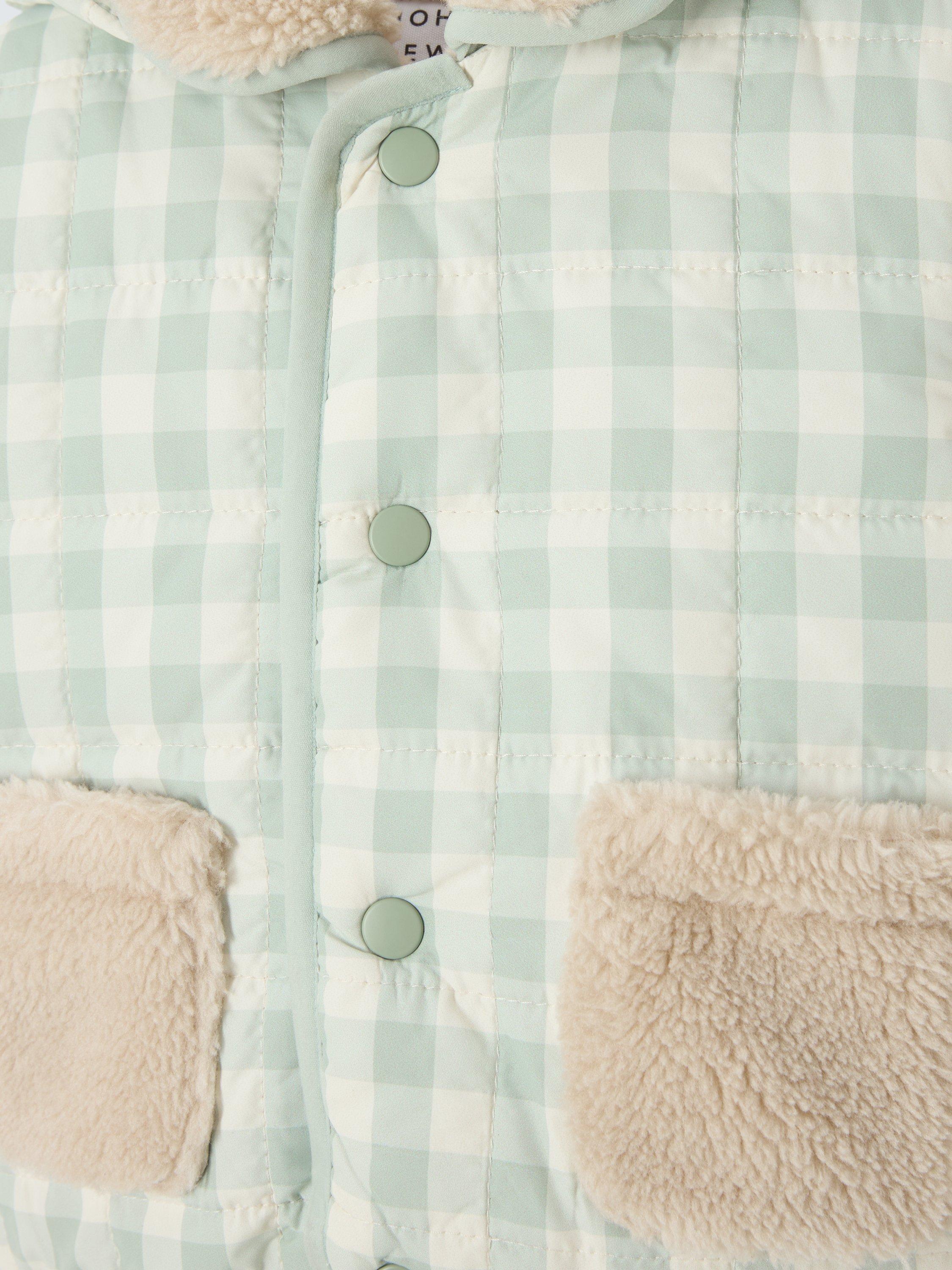 Product image 3 of 3, which shows John Lewis Baby Gingham Borg Collar Jacket, Green, 3-6 months