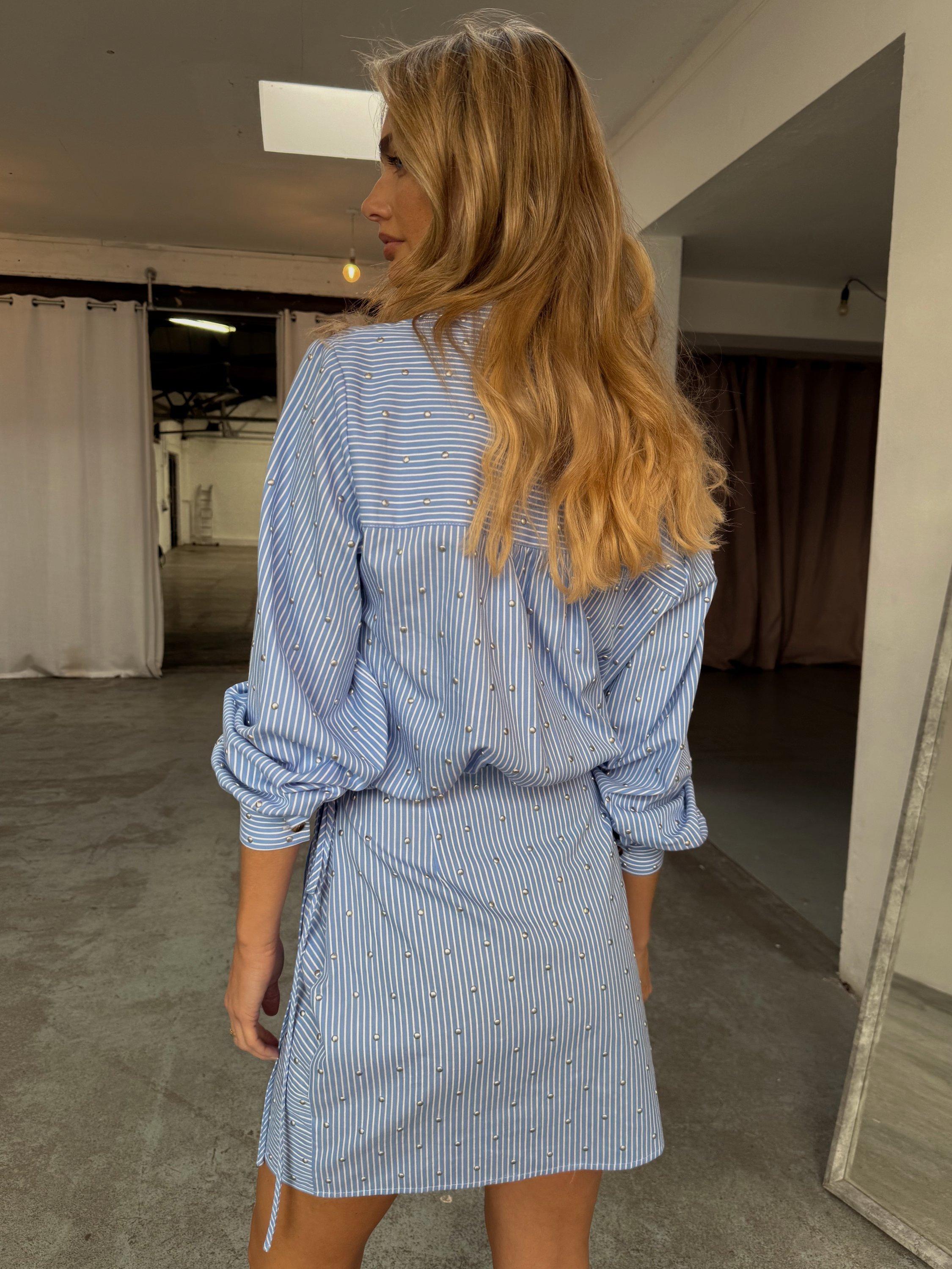 Product image 4 of 4, which shows Never Fully Dressed Stripe Shirt Mini Dress, Blue/White, 6