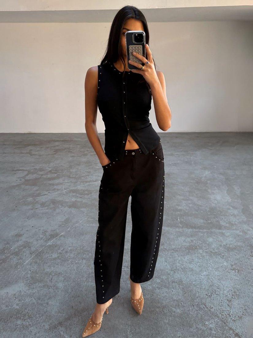 Product image 5 of 6, which shows Never Fully Dressed Studded Barrel Leg Jeans, Black, 6