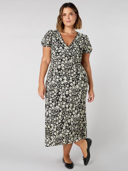 Live Unlimited Curve Floral Puff Sleeve Dress, Black, Black