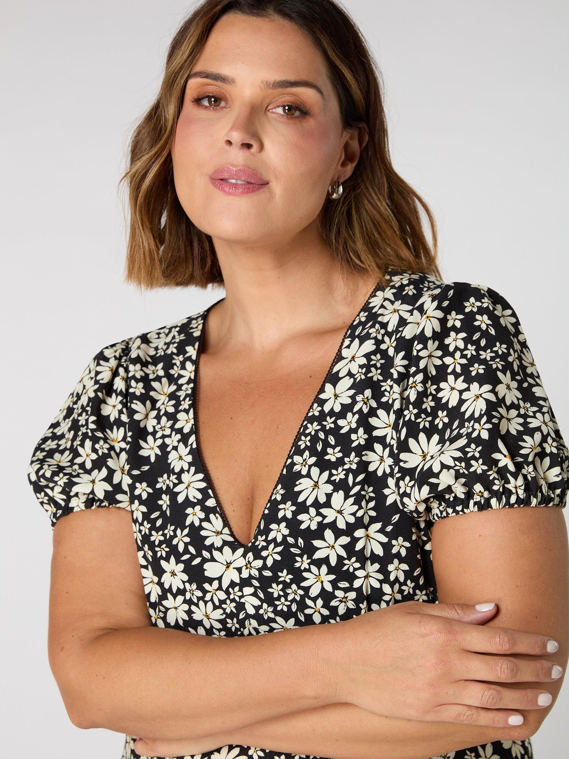 Product image 5 of 6, which shows Live Unlimited Curve Floral Puff Sleeve Dress, Black, 14R