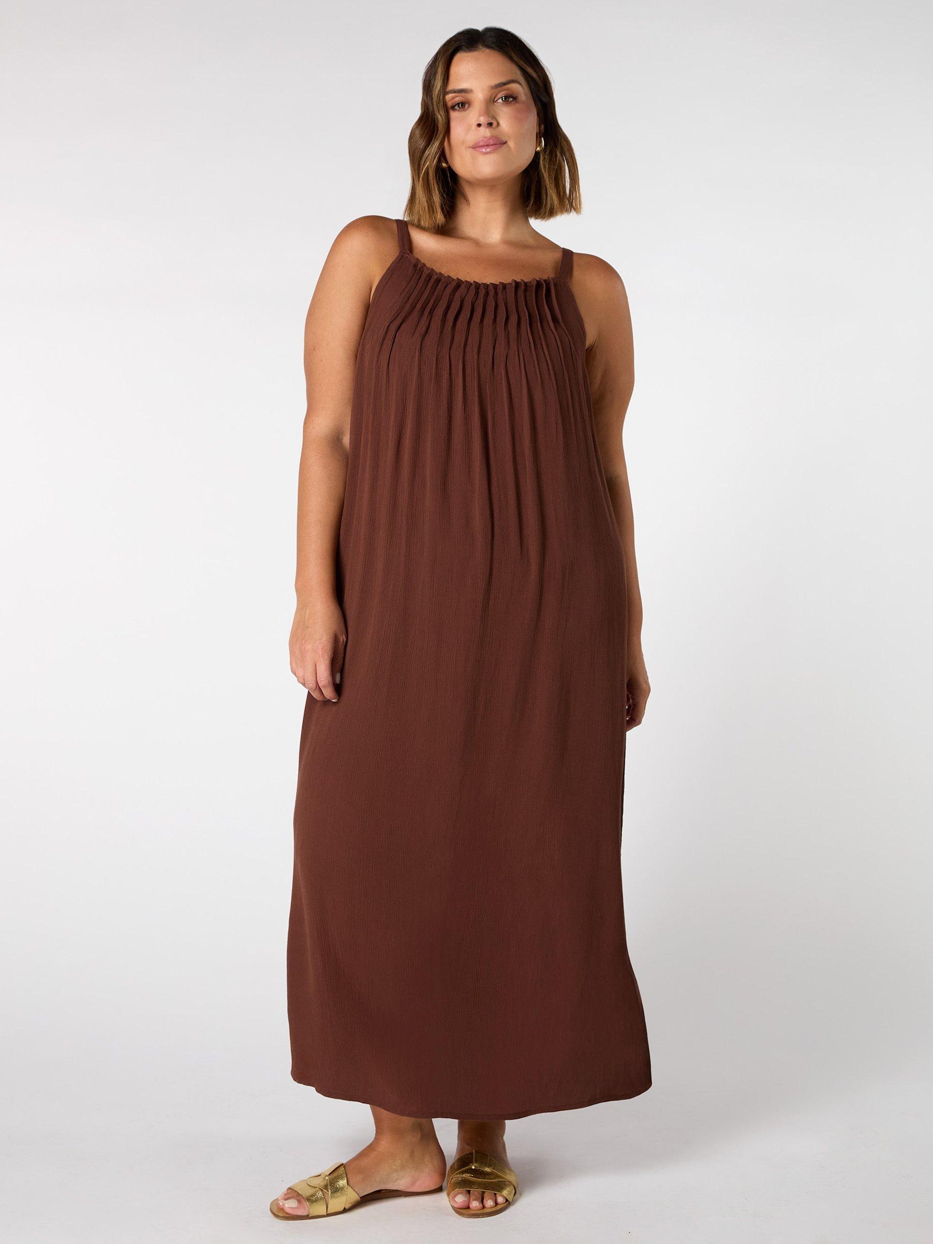 Product image 1 of 5, which shows Live Unlimited Curve Strappy Crinkle Midi Dress, Brown, 12