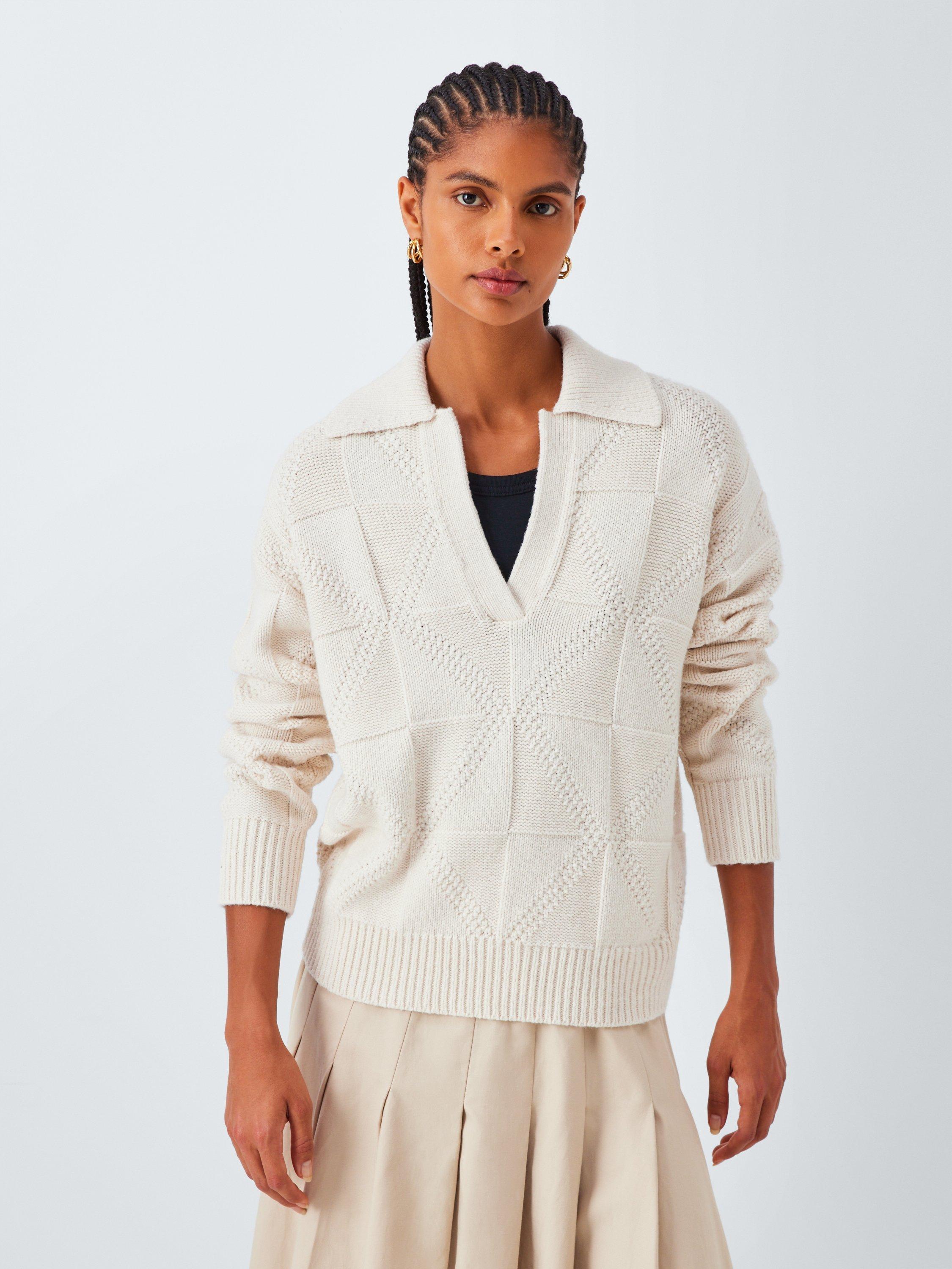 Product image 1 of 6, which shows John Lewis Cotton Wool Blend Collared Sweater, Ecru, XS