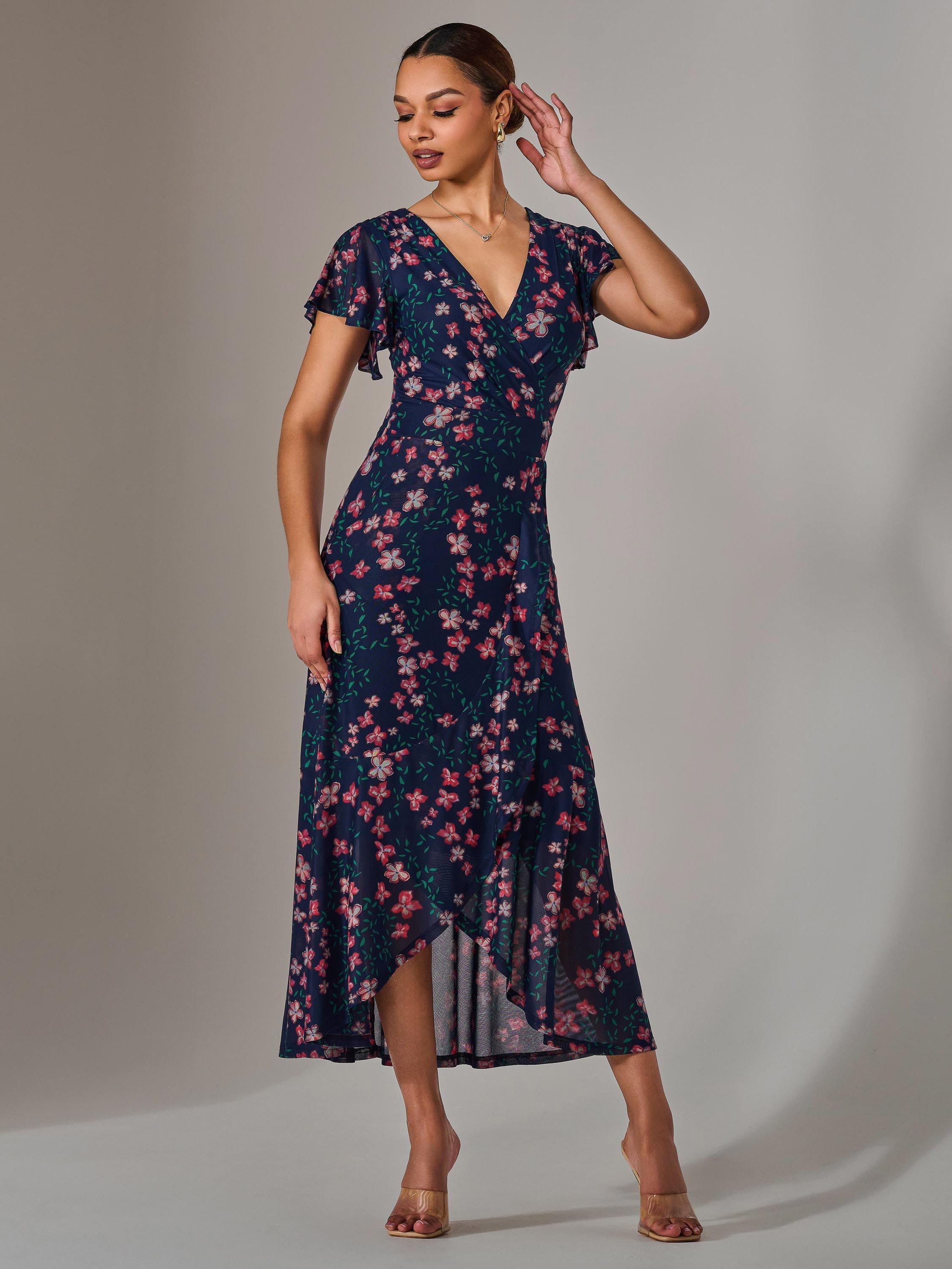 Product image 1 of 7, which shows Jolie Moi Floral Frill Dress, Navy/Red, 8