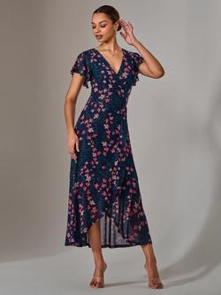Jolie Moi Floral Frill Dress, Navy/Red, Navy/Red