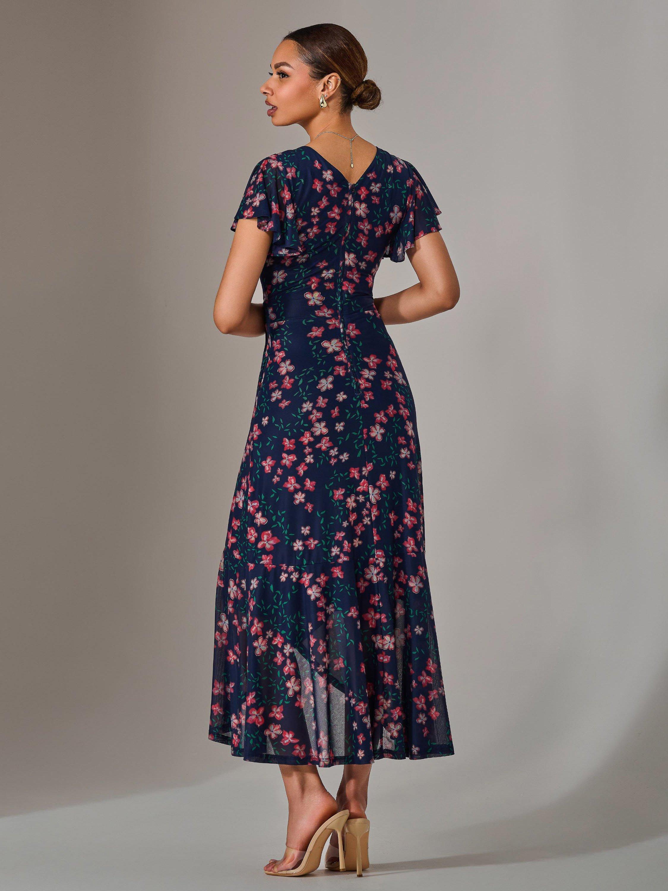 Product image 2 of 7, which shows Jolie Moi Floral Frill Dress, Navy/Red, 8