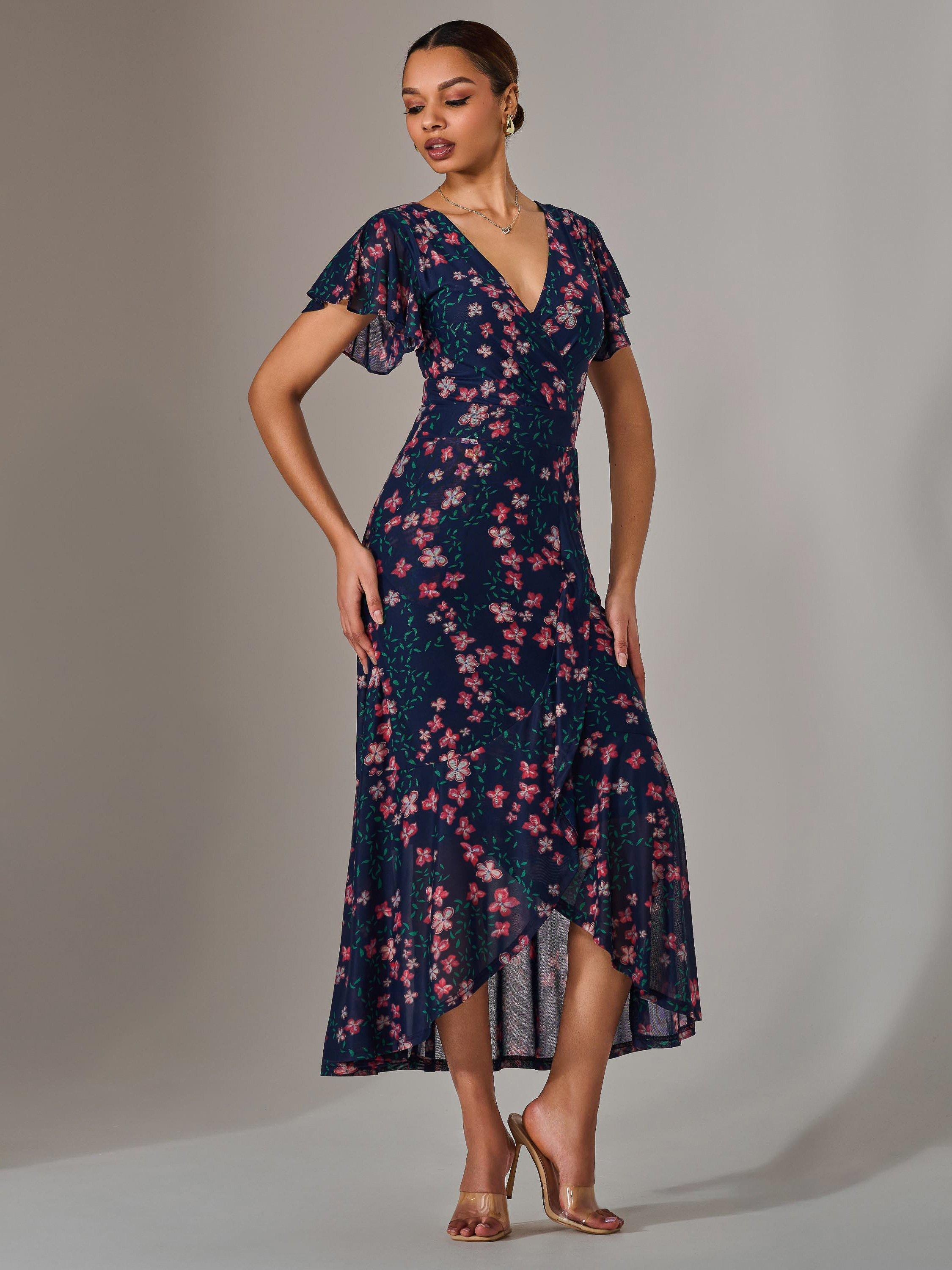 Product image 6 of 7, which shows Jolie Moi Floral Frill Dress, Navy/Red, 8