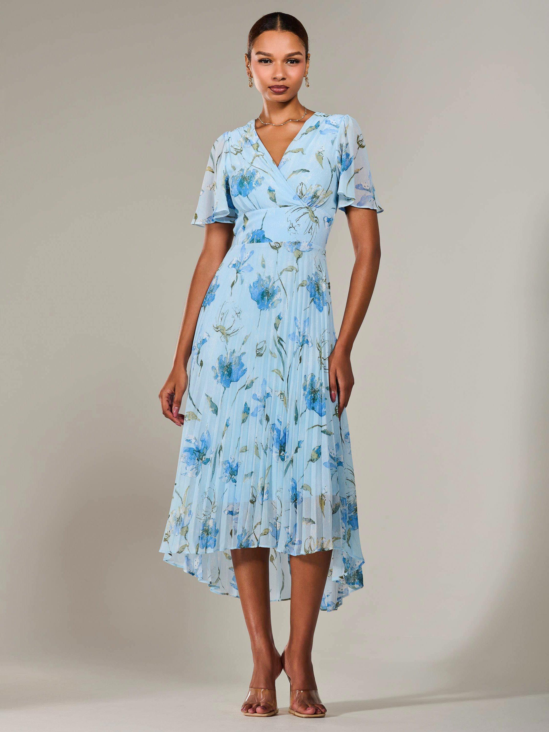 Product image 7 of 7, which shows Jolie Moi Floral Pleated Dress, Blue, 8