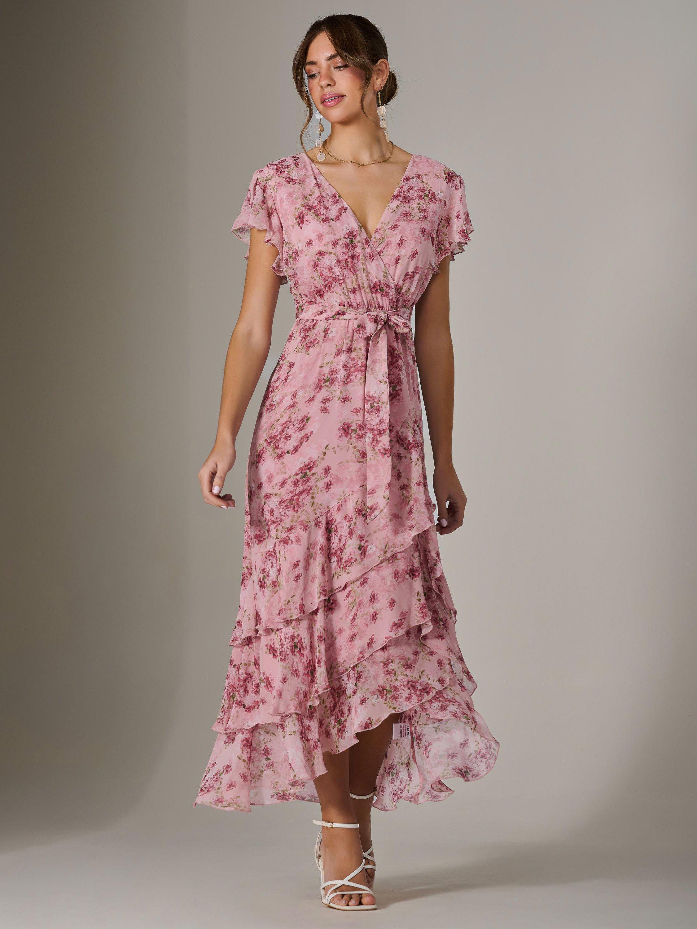 Product image 1 of 7, which shows Jolie Moi Floral Ruffle Maxi Dress, Pink, 8
