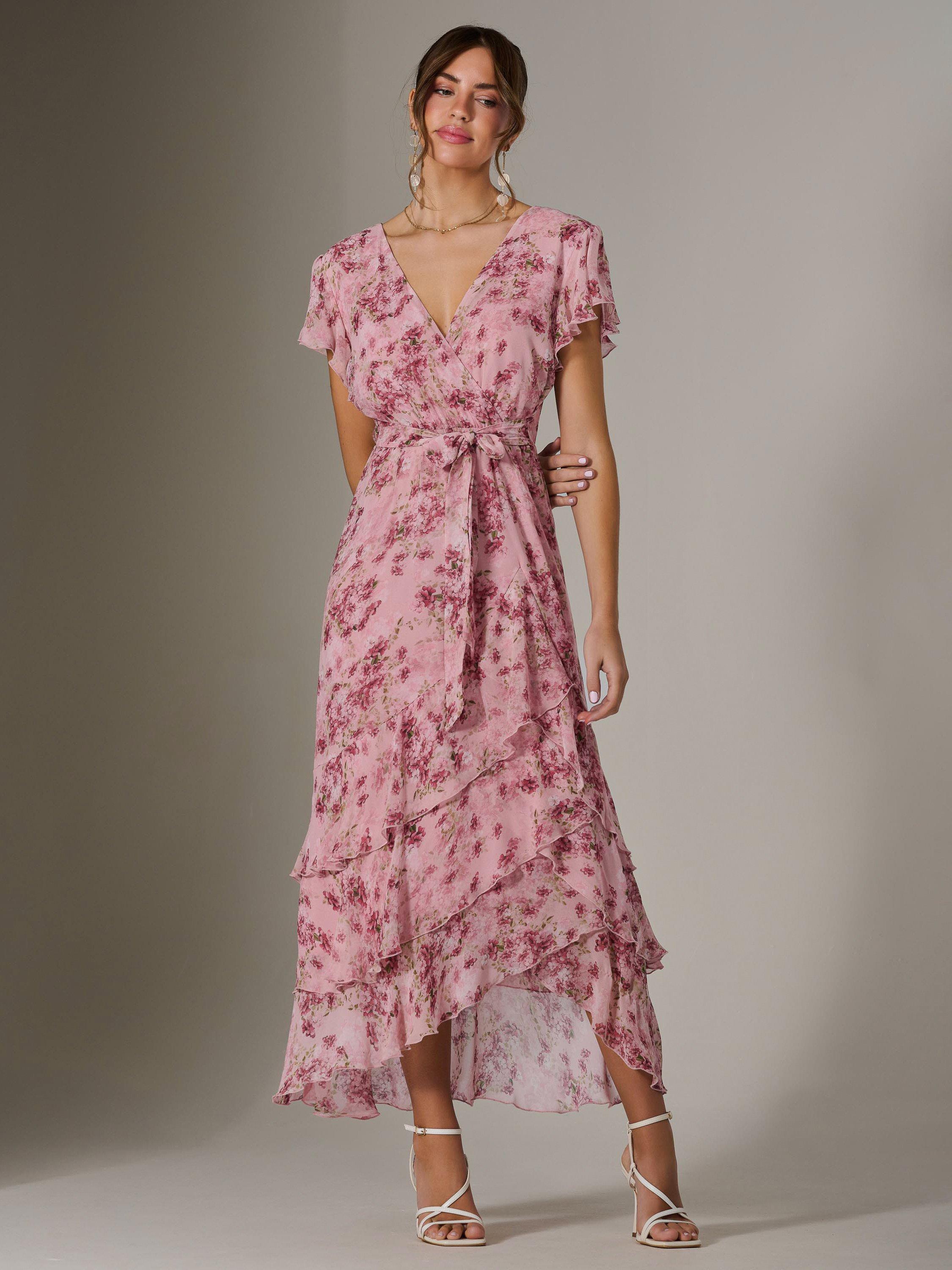 Product image 6 of 7, which shows Jolie Moi Floral Ruffle Maxi Dress, Pink, 8