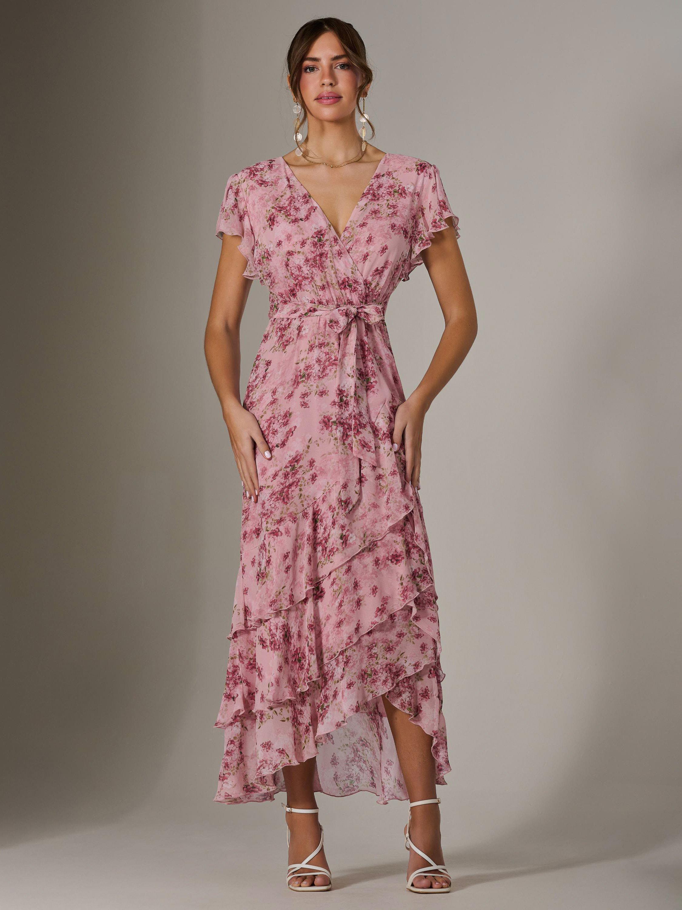 Product image 7 of 7, which shows Jolie Moi Floral Ruffle Maxi Dress, Pink, 8
