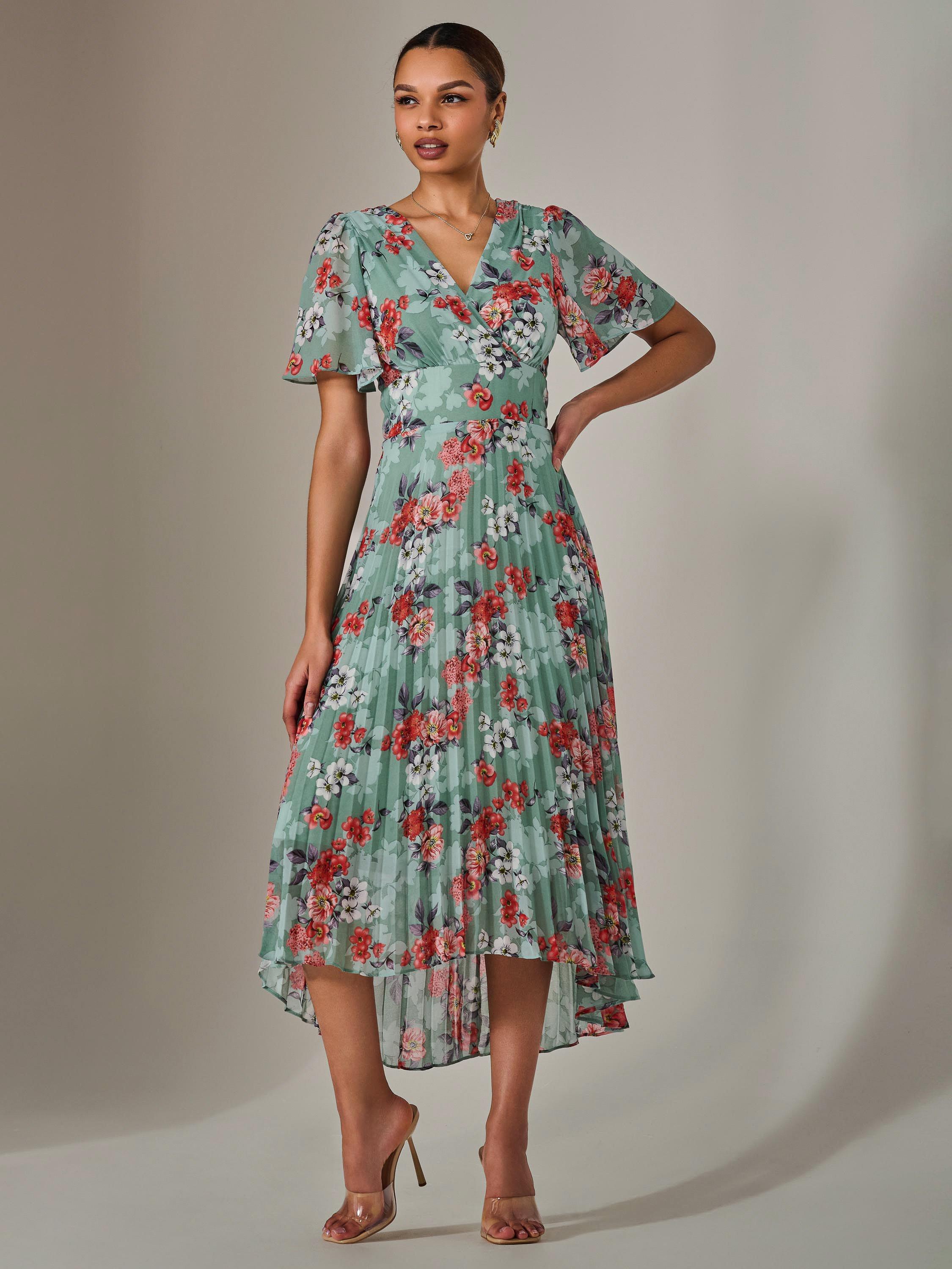 Product image 5 of 7, which shows Jolie Moi Floral Pleated Maxi Dress, Green, 8