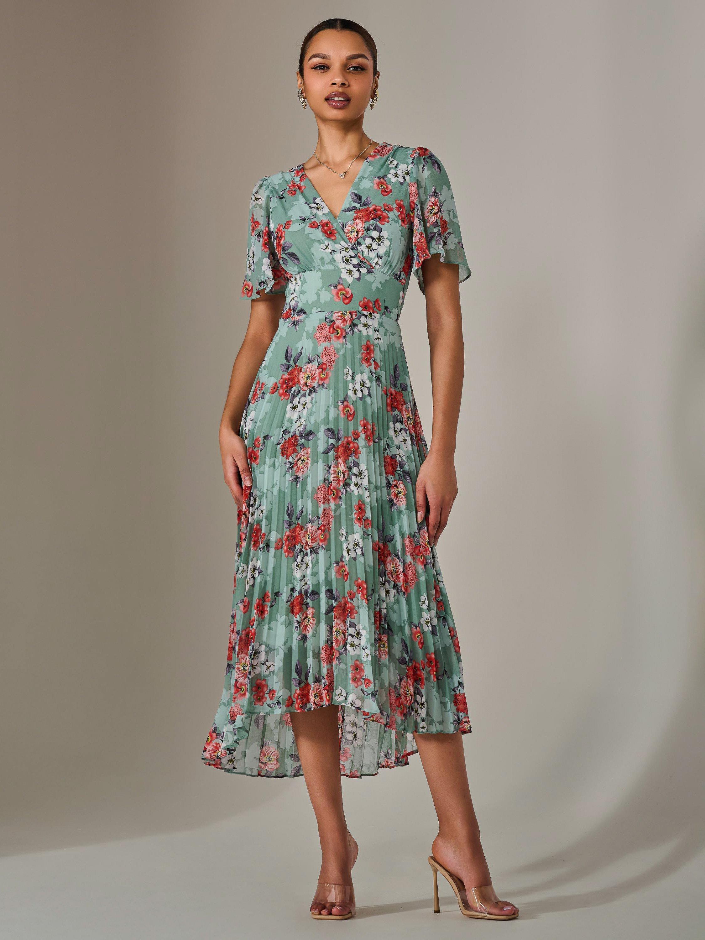Product image 7 of 7, which shows Jolie Moi Floral Pleated Maxi Dress, Green, 8