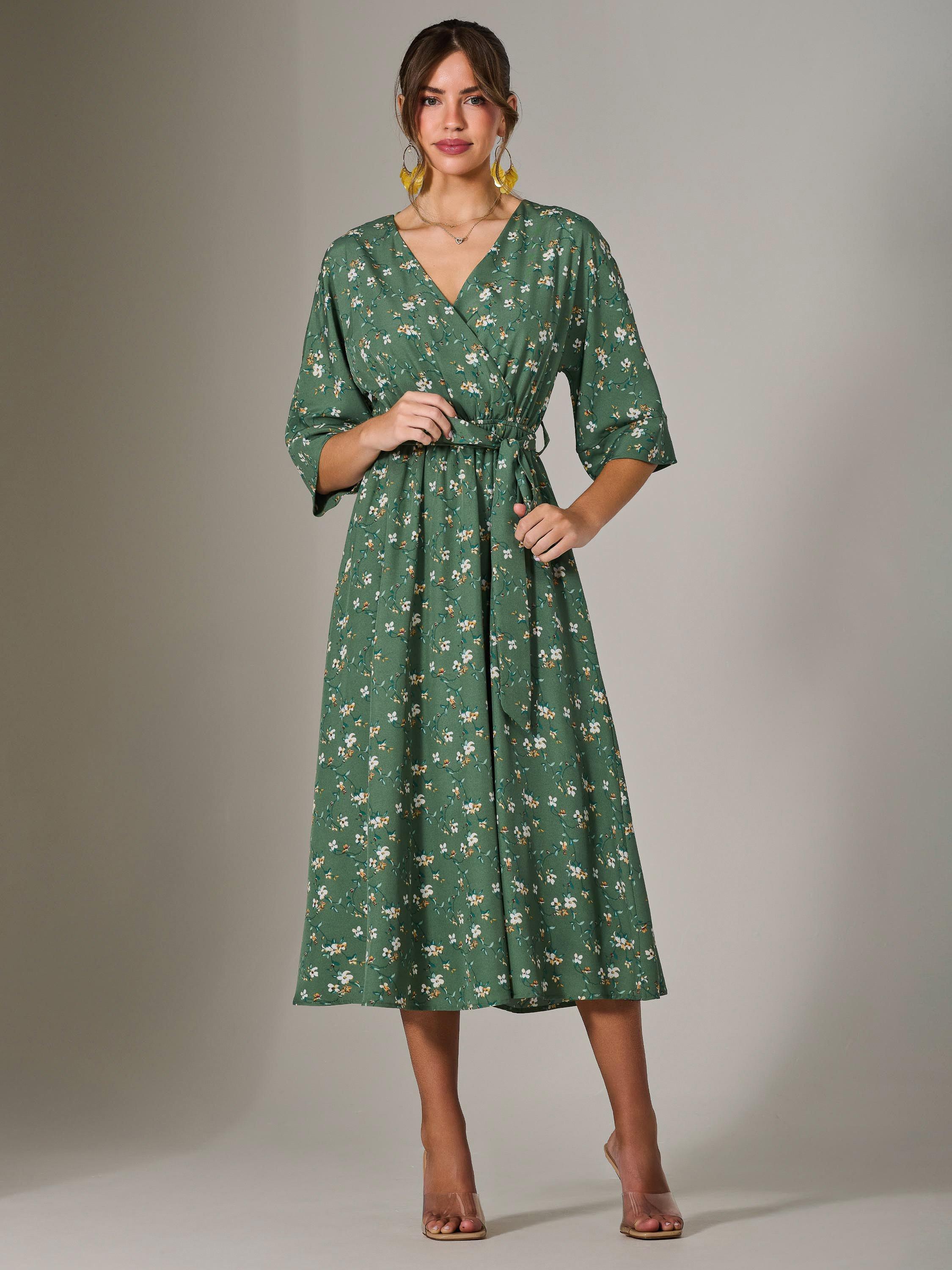 Product image 1 of 7, which shows Jolie Moi Floral Tie Waist Midi Dress, Green, 8