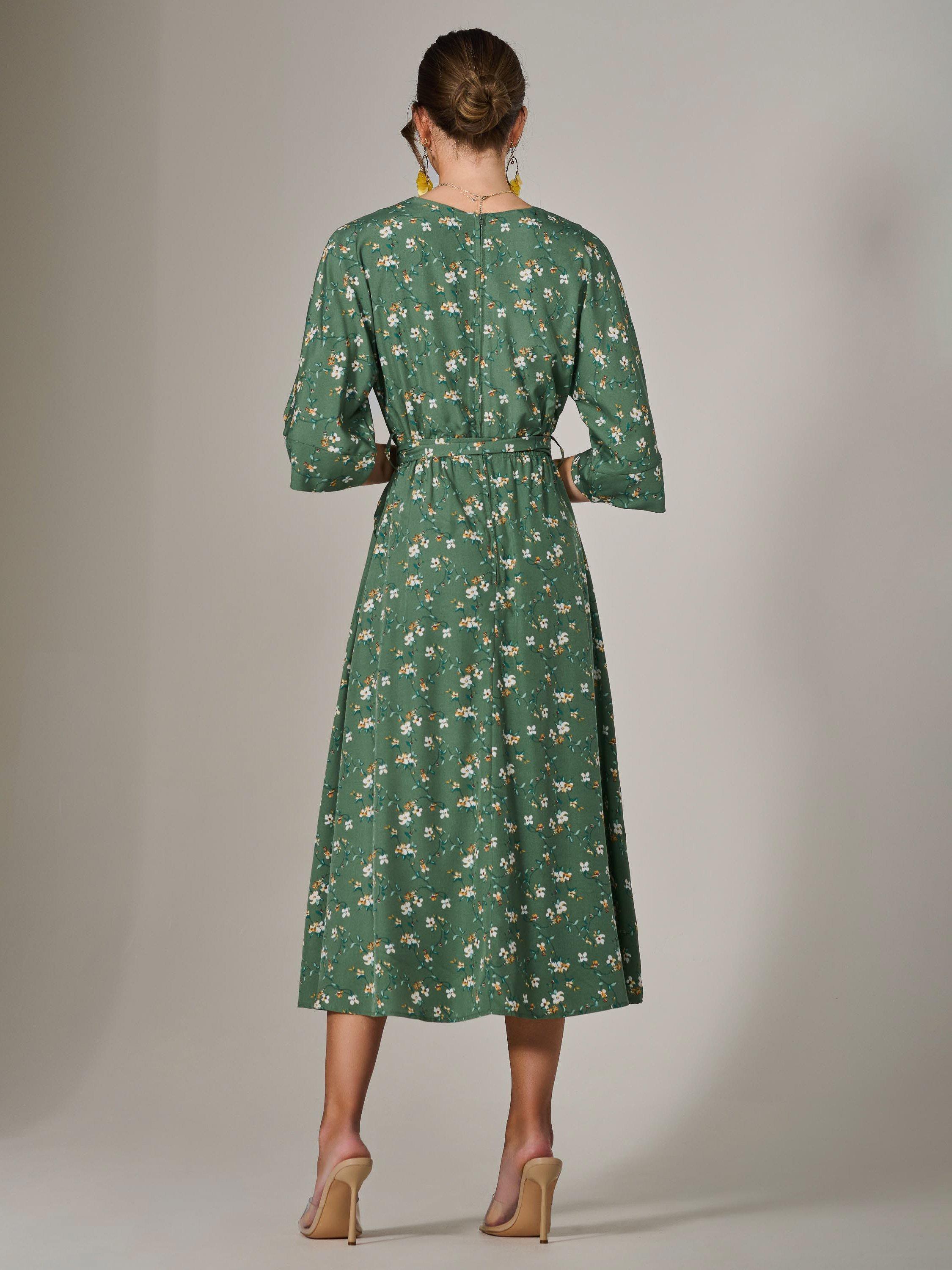 Product image 2 of 7, which shows Jolie Moi Floral Tie Waist Midi Dress, Green, 8