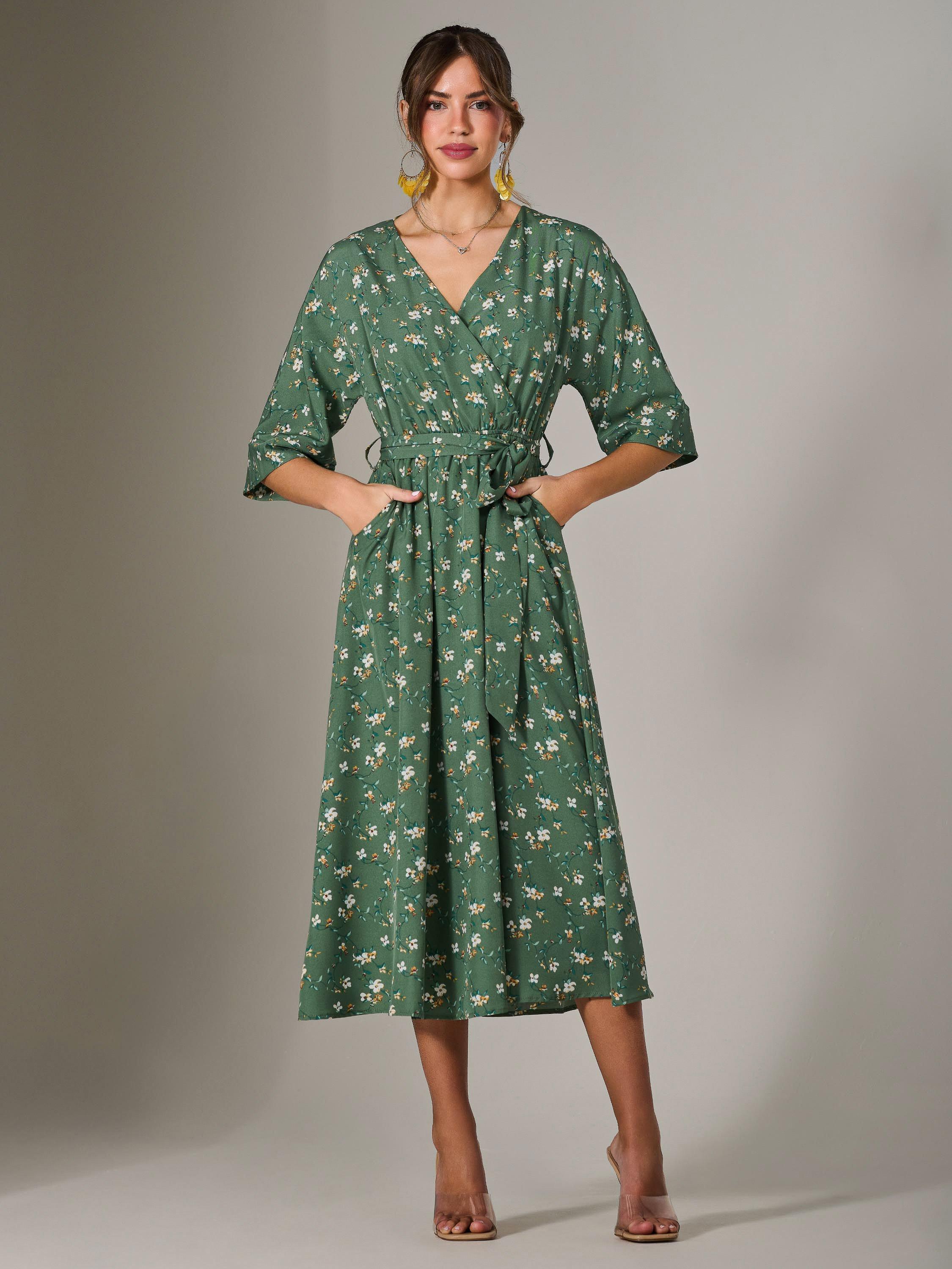 Product image 3 of 7, which shows Jolie Moi Floral Tie Waist Midi Dress, Green, 8