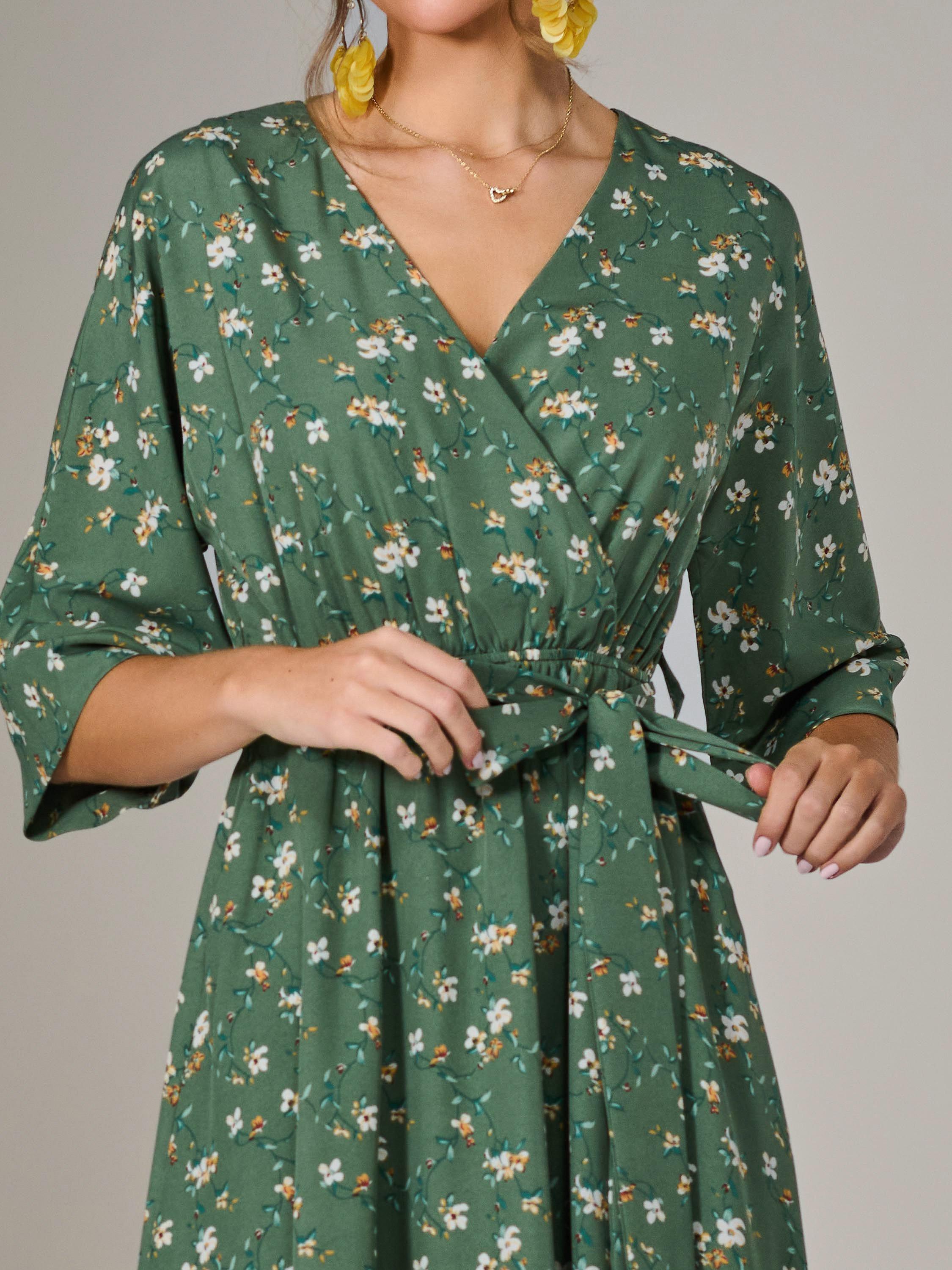 Product image 4 of 7, which shows Jolie Moi Floral Tie Waist Midi Dress, Green, 8
