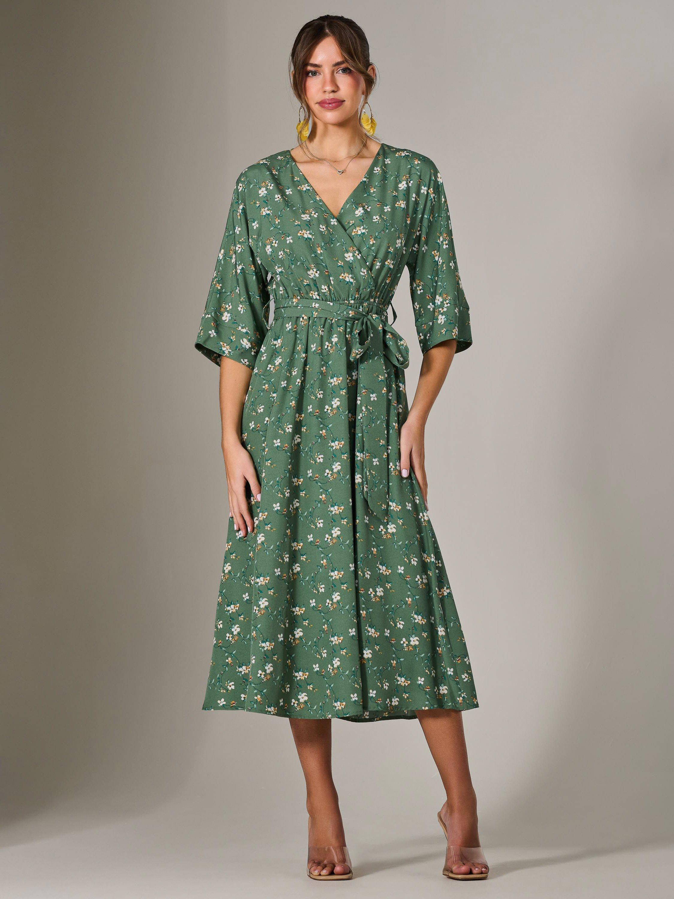 Product image 5 of 7, which shows Jolie Moi Floral Tie Waist Midi Dress, Green, 8