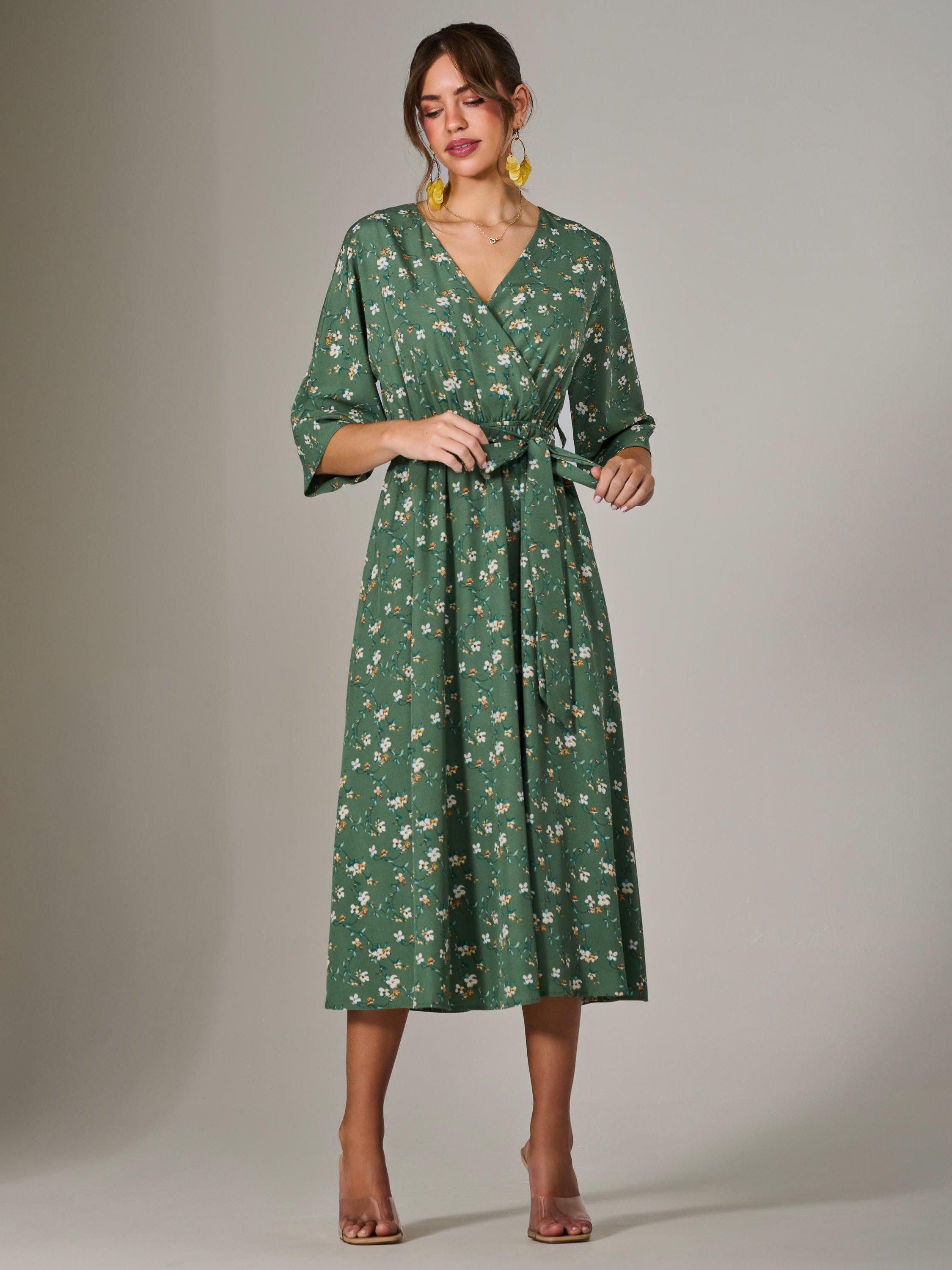 Product image 6 of 7, which shows Jolie Moi Floral Tie Waist Midi Dress, Green, 8