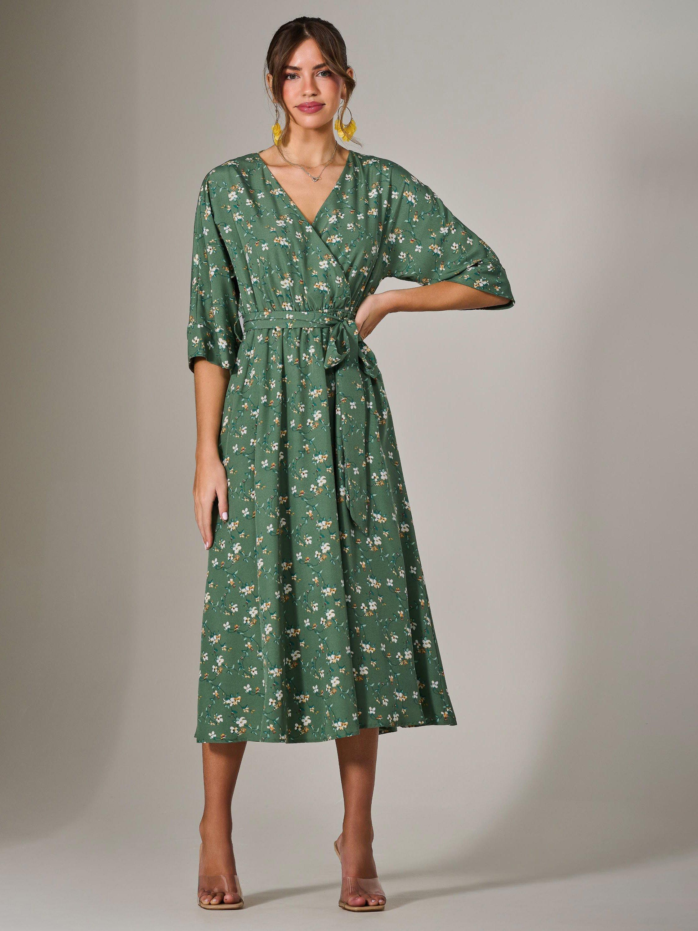 Product image 7 of 7, which shows Jolie Moi Floral Tie Waist Midi Dress, Green, 8