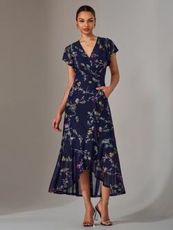 Jolie Moi Floral Frill Maxi Dress, Navy/Pink, Navy/Pink