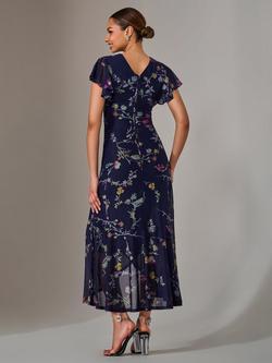 Jolie Moi Floral Frill Maxi Dress, Navy/Pink - view 2, Navy/Pink