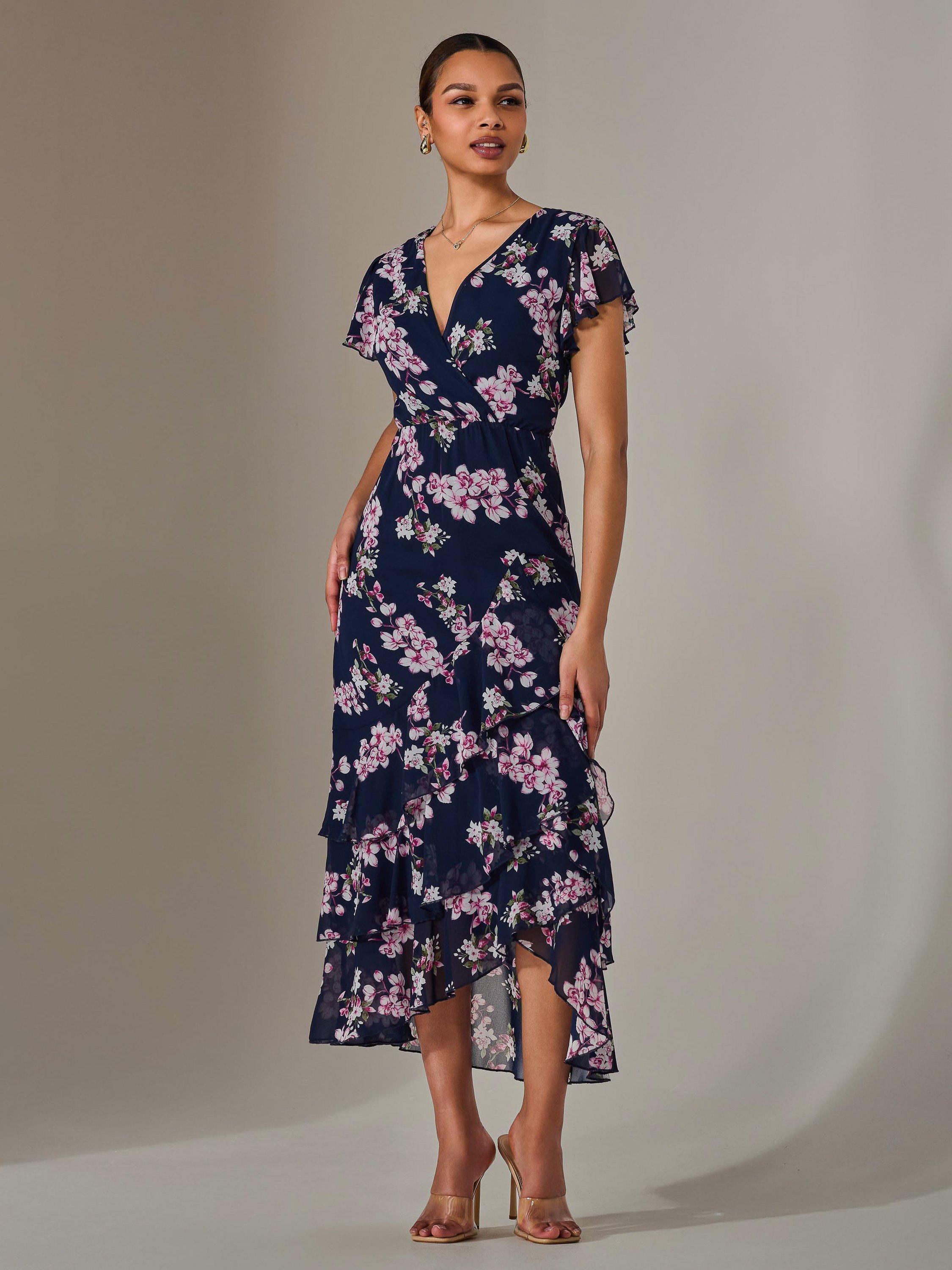 Product image 3 of 7, which shows Jolie Moi Floral Ruffle Maxi Dress, Navy, 8
